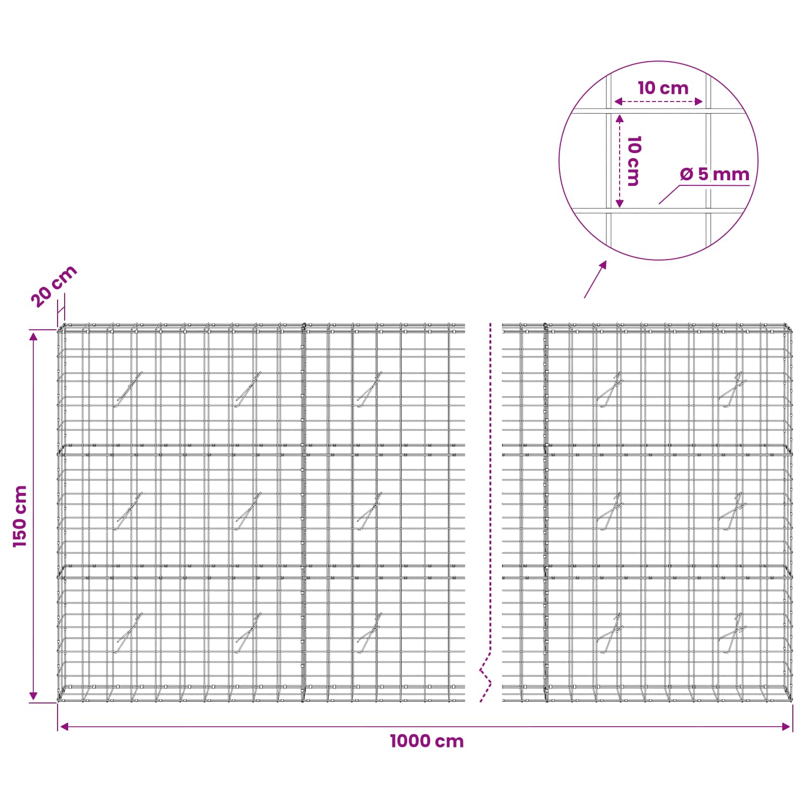 Gabion z žico 5 mm in mrežo 10x10 cm 1000x20x150 cm