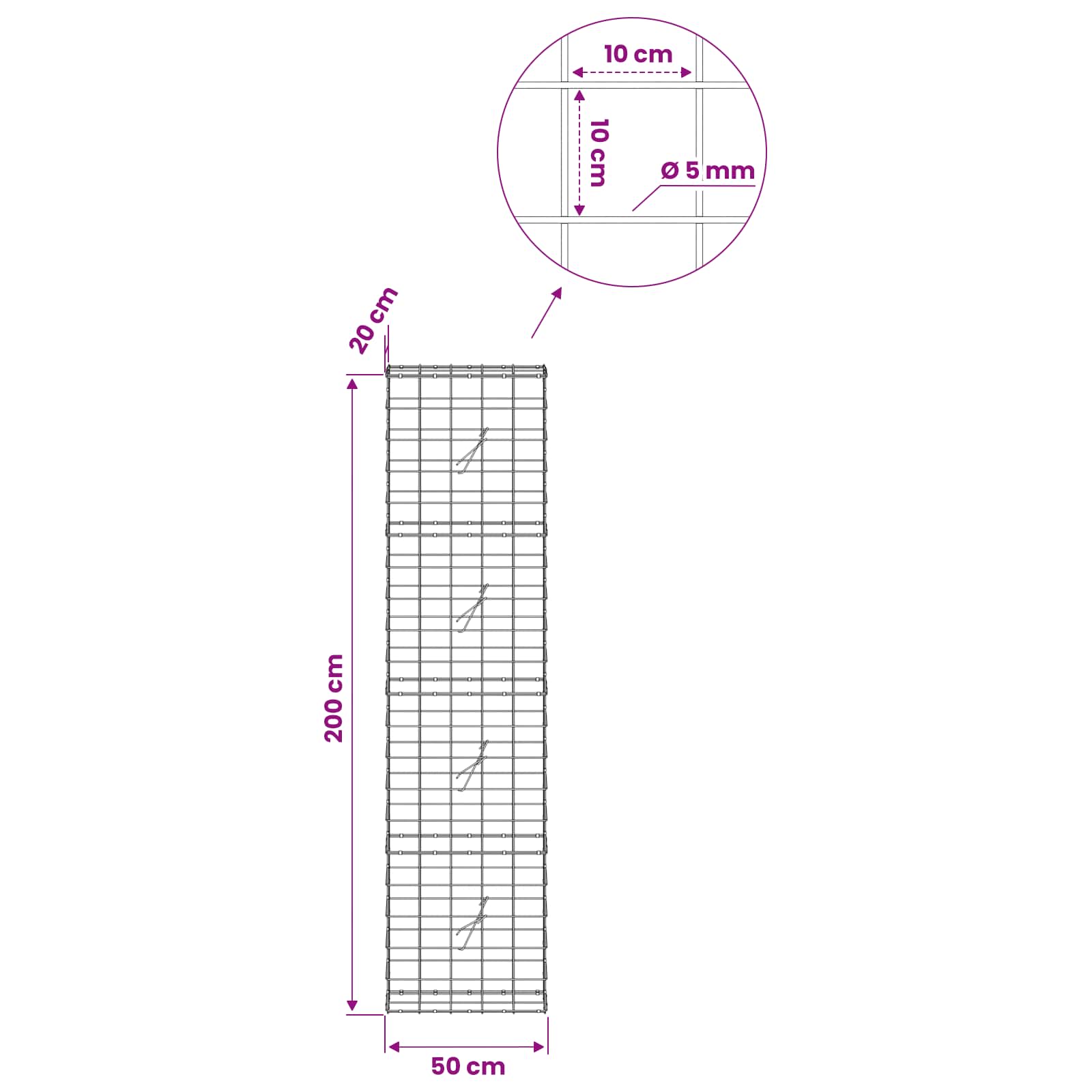 Gabion z žico 5 mm in mrežo 10x10 cm 50x20x200 cm