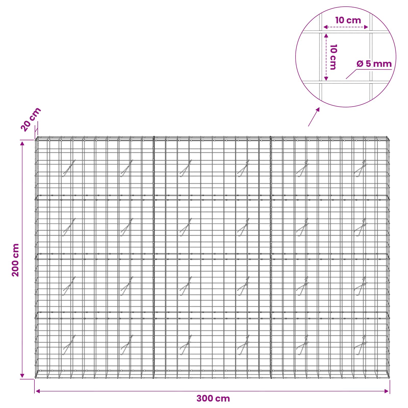 Gabion z žico 5 mm in mrežo 10x10 cm 300x20x200 cm