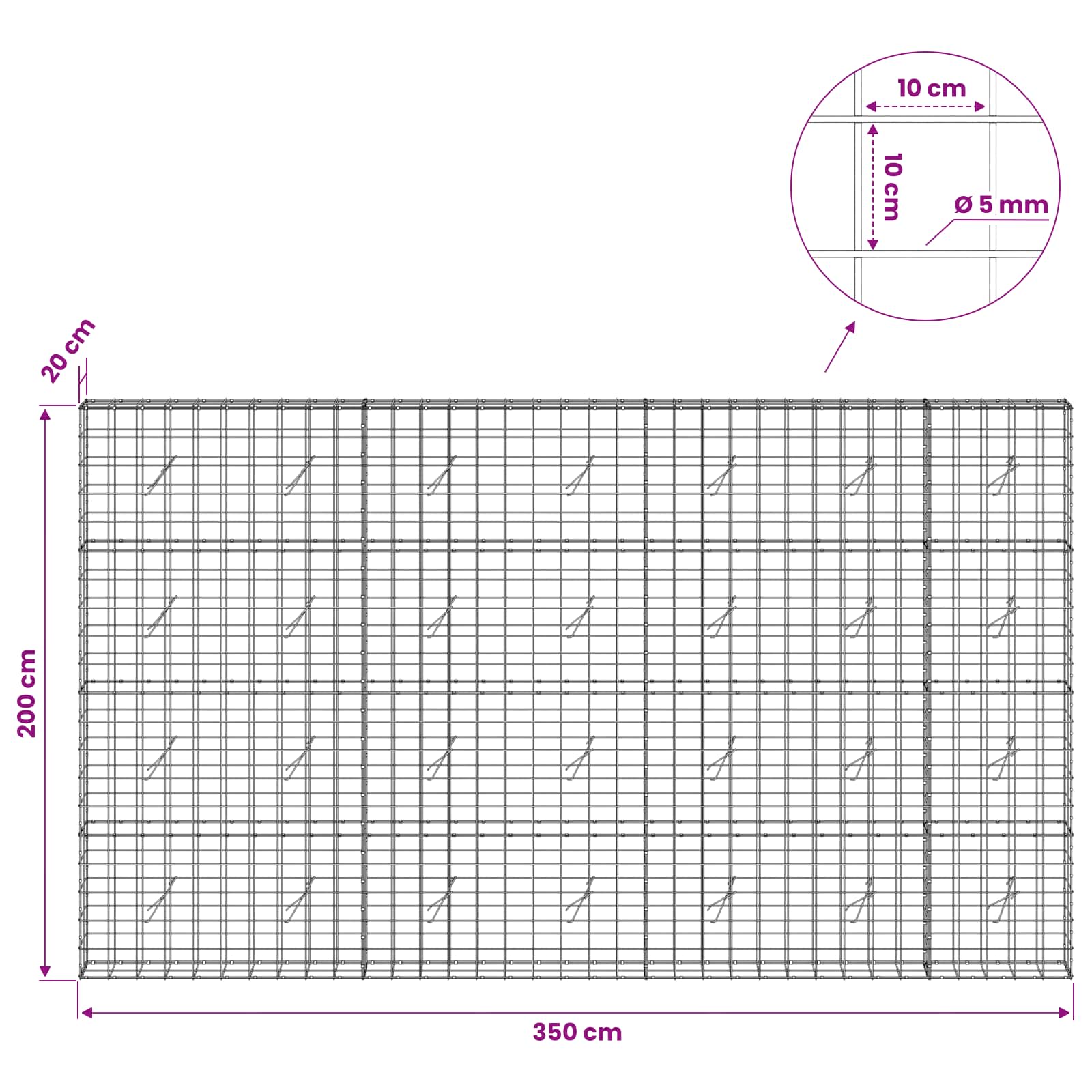Gabion z žico 5 mm in mrežo 10x10 cm 350x20x200 cm