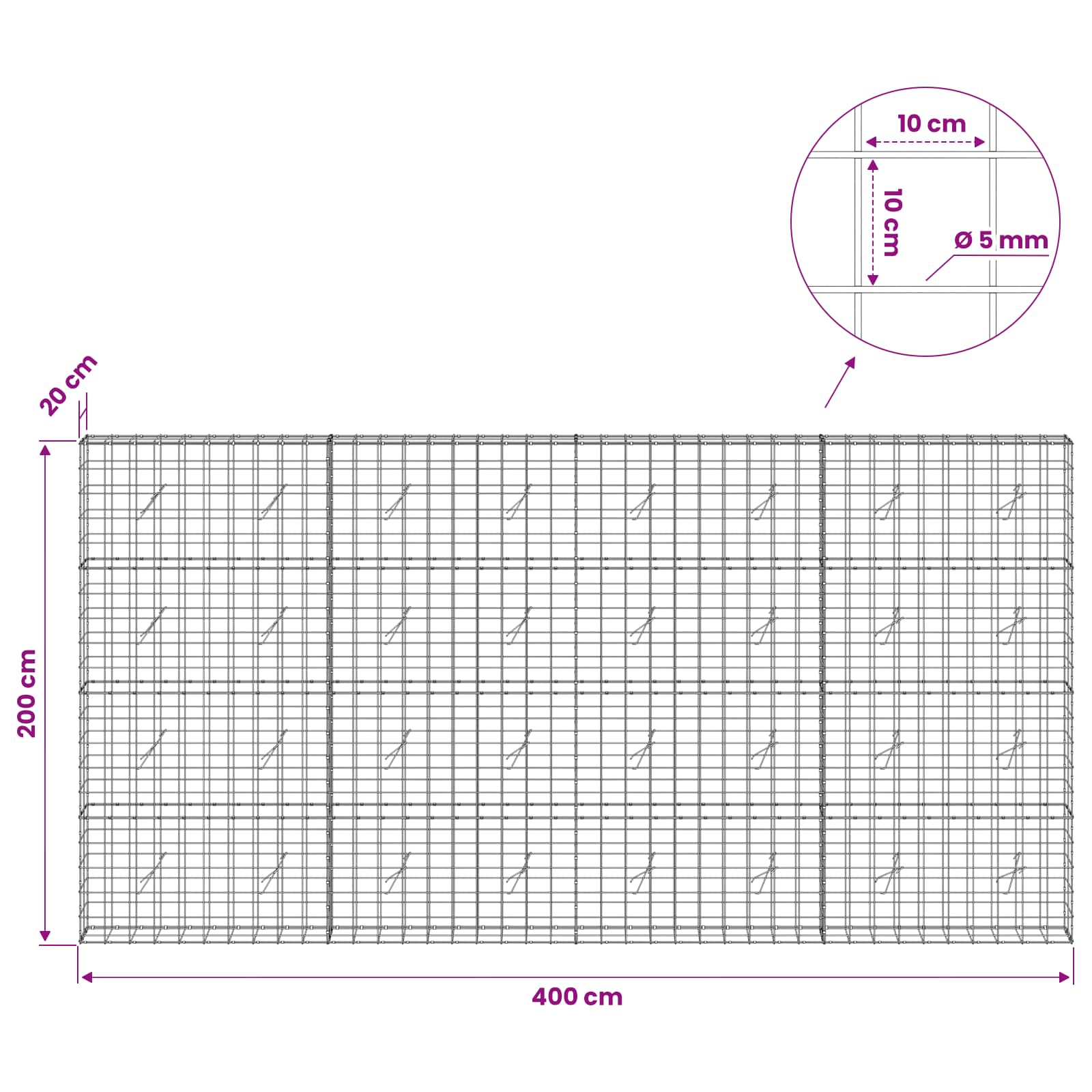 Gabion z žico 5 mm in mrežo 10x10 cm 400x20x200 cm