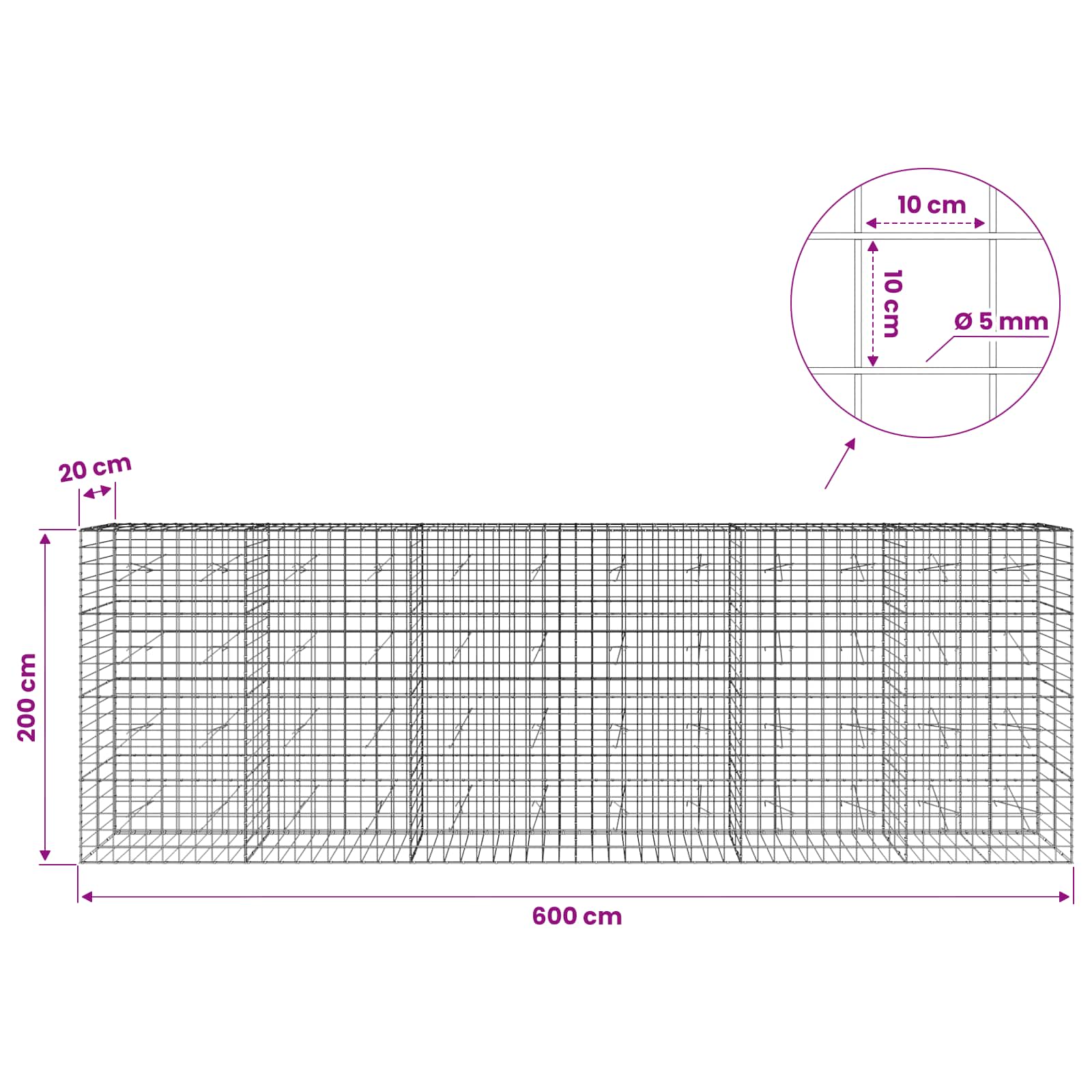 Gabion z žico 5 mm in mrežo 10x10 cm 600x20x200 cm