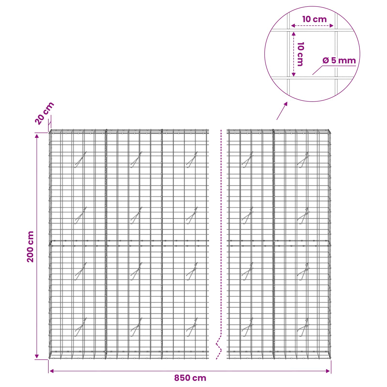 Gabion z žico 5 mm in mrežo 10x10 cm 850x20x200 cm