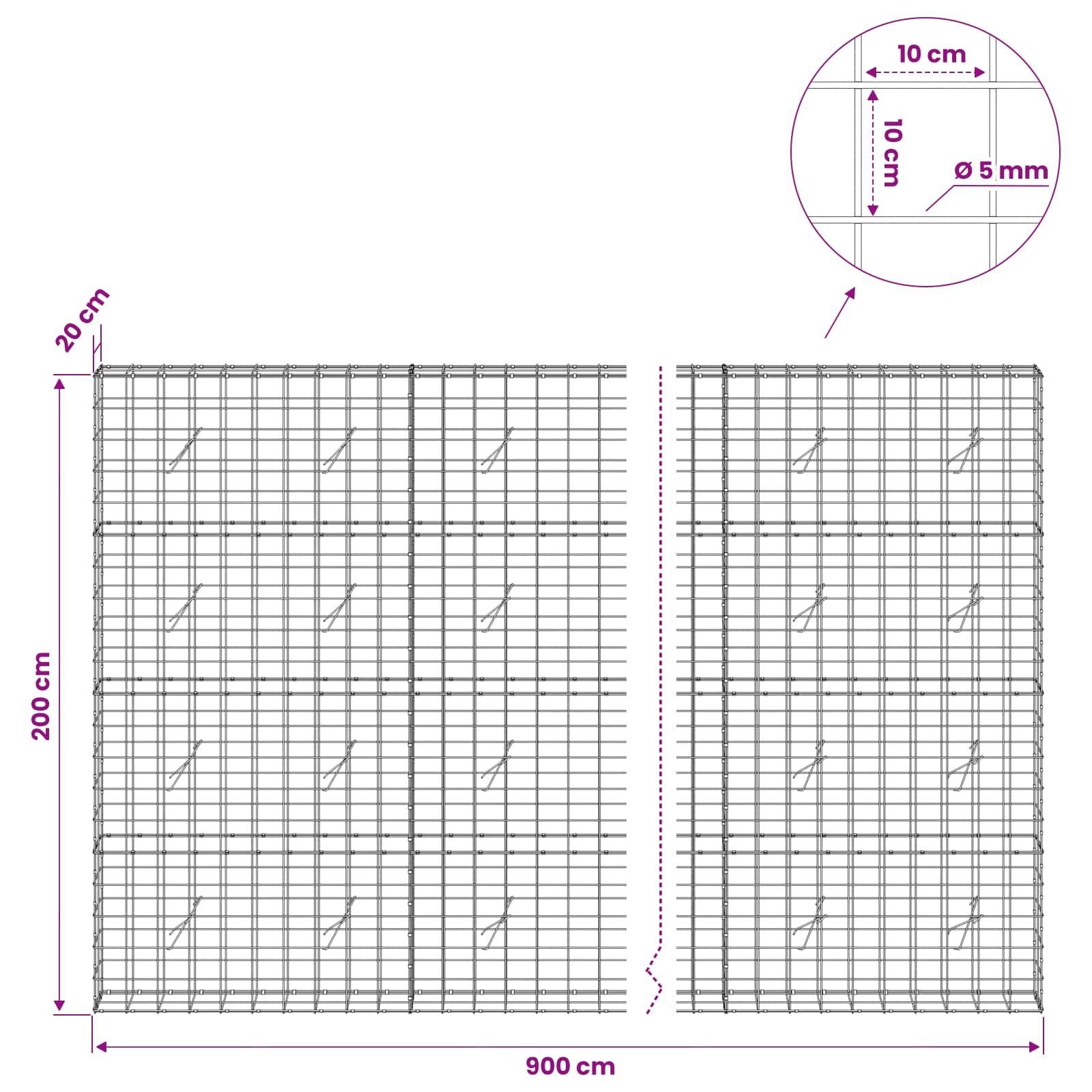 Gabion z žico 5 mm in mrežo 10x10 cm 900x20x200 cm