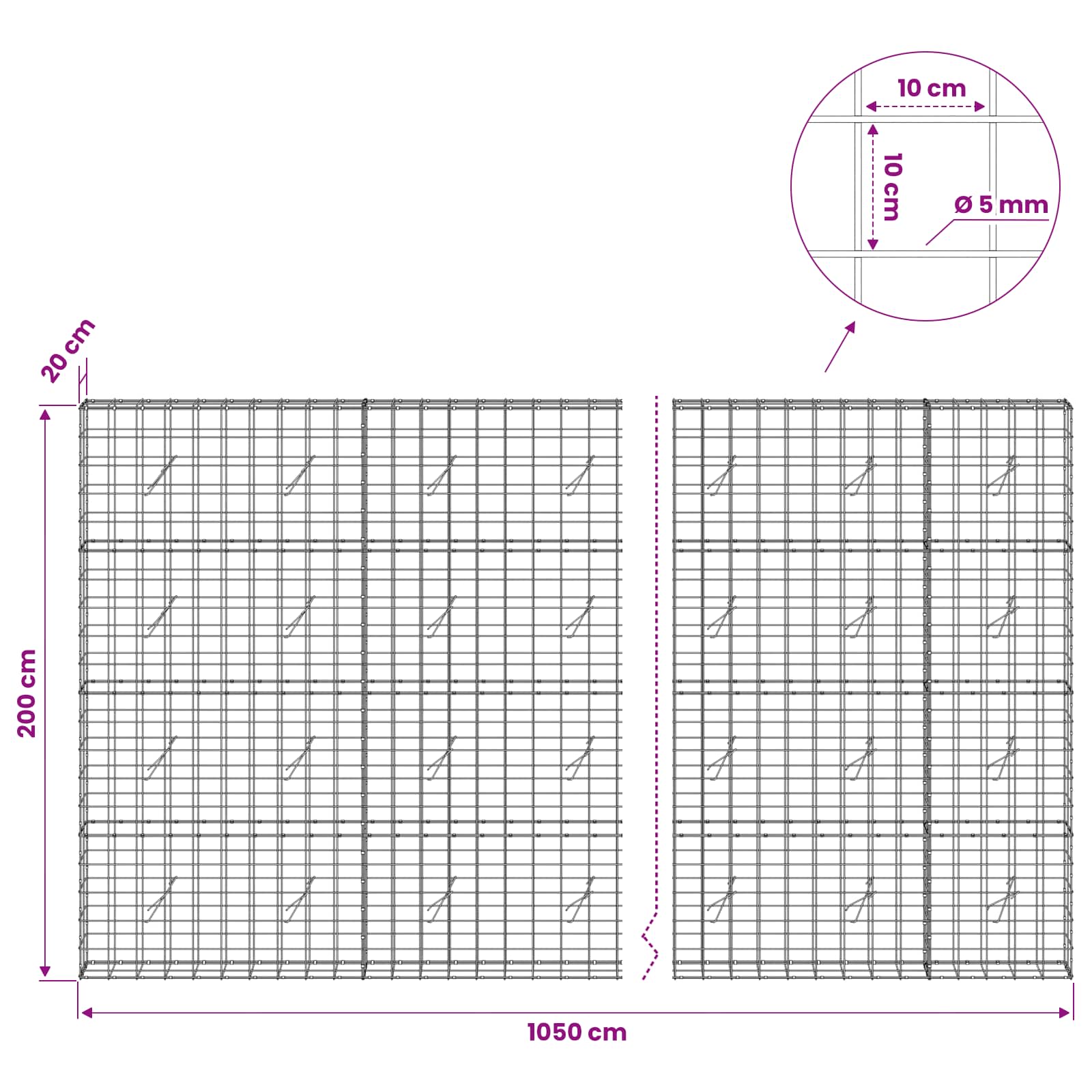 Gabion z žico 5 mm in mrežo 10x10 cm 1050x20x200 cm
