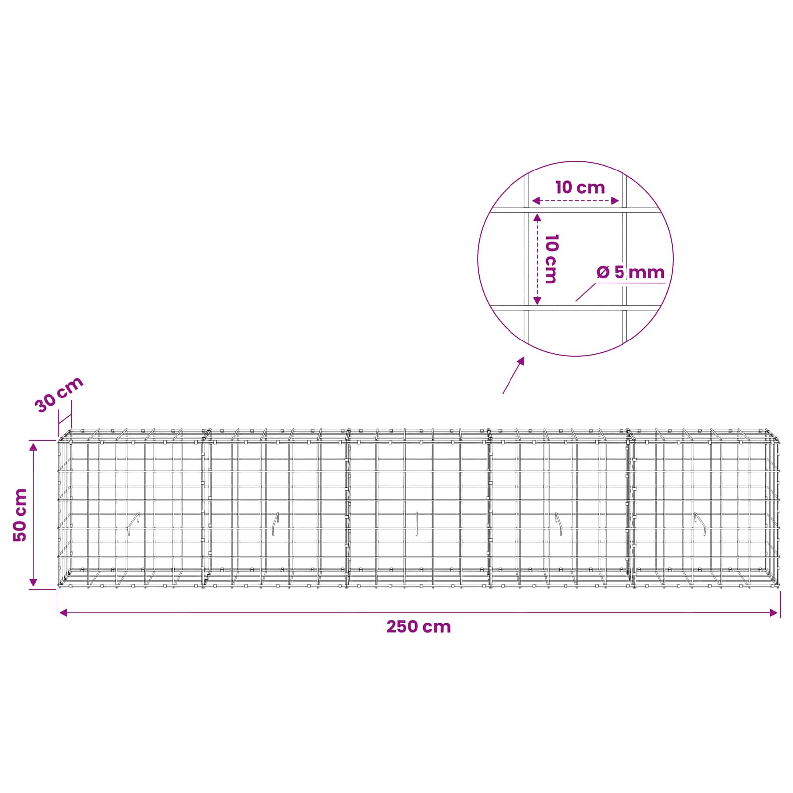 vidaXL Gabione mit 5 mm Draht und 10x10 cm Maschen 250x30x50 cm – Bild 6