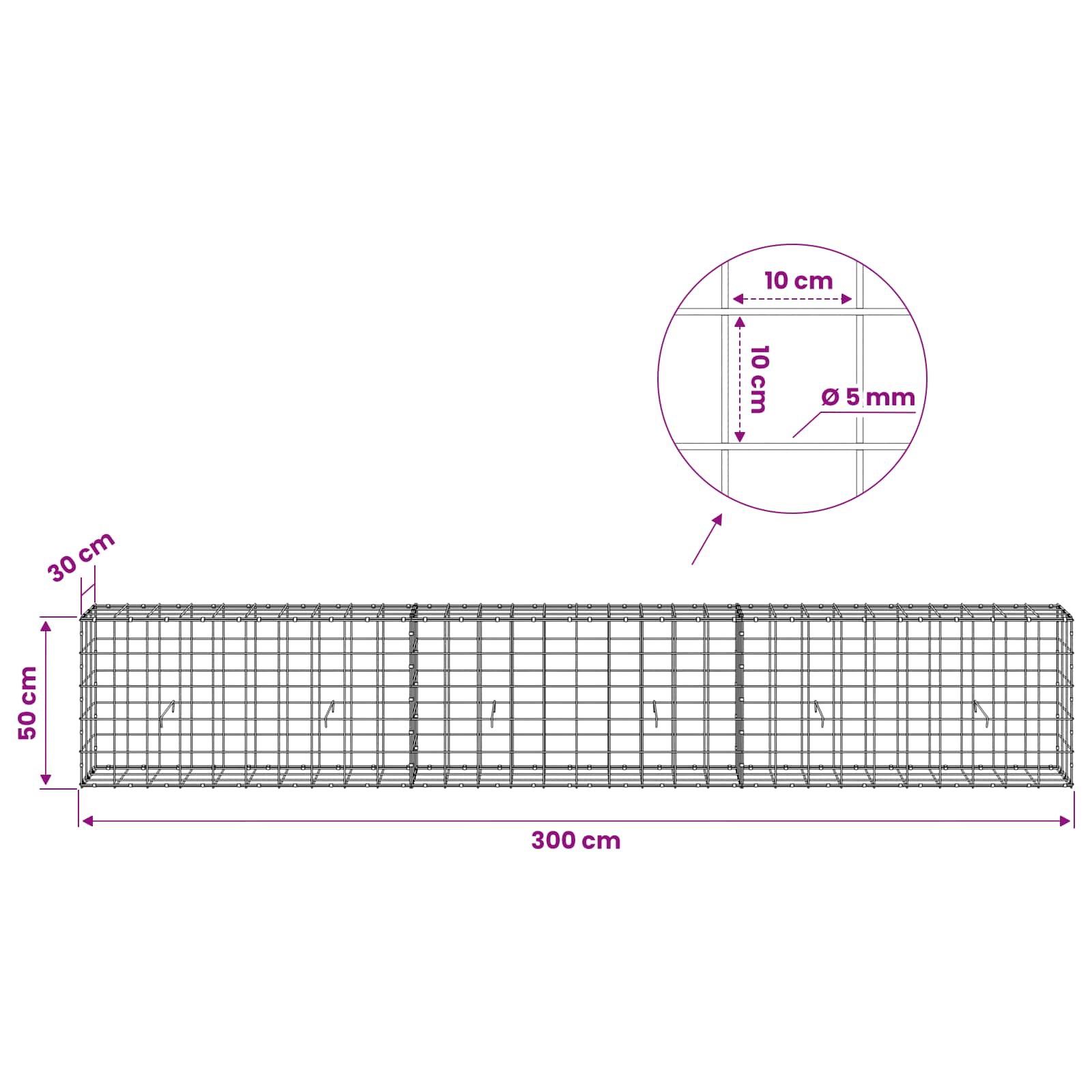 Gabion z žico 5 mm in mrežo 10x10 cm 300x30x50 cm