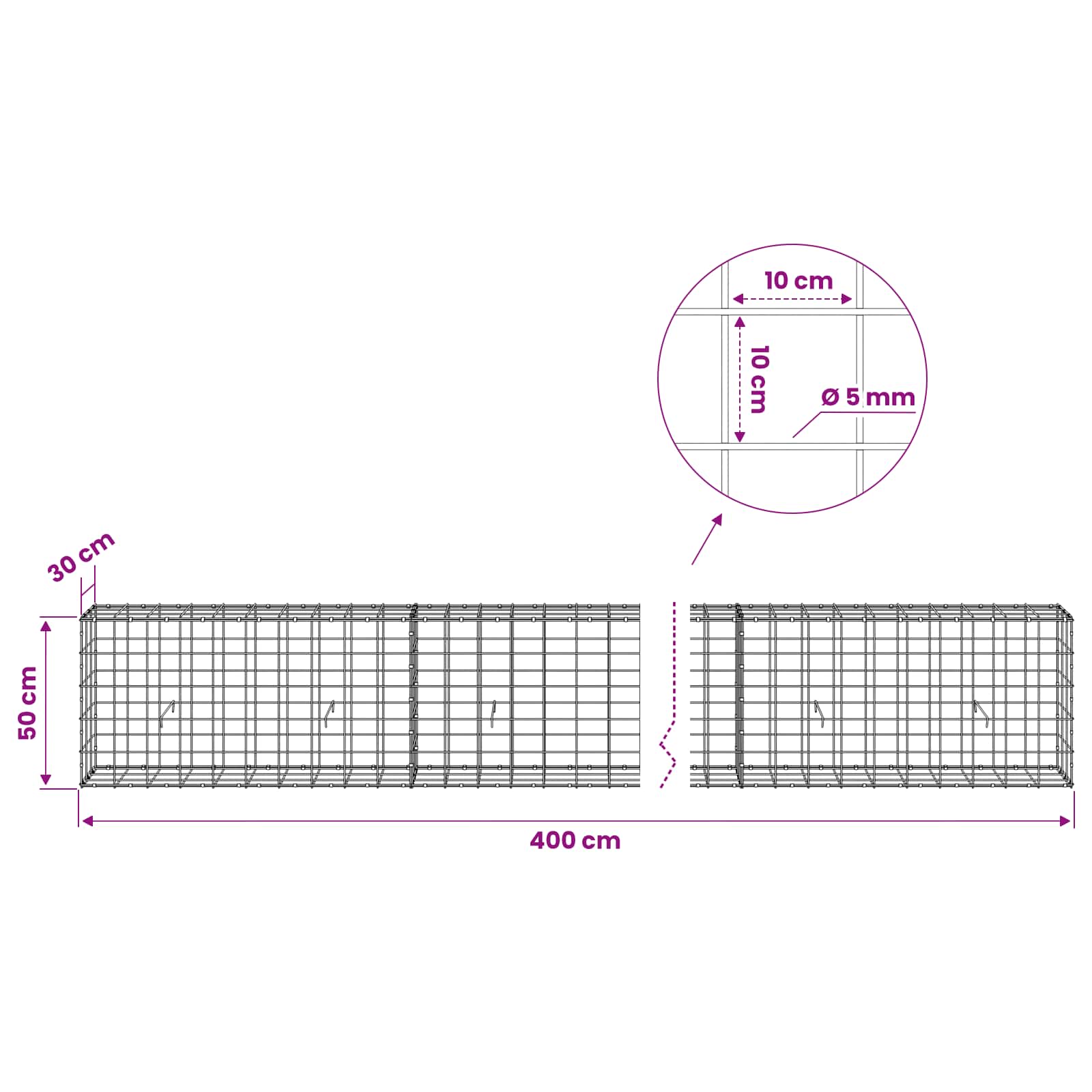 Gabion z žico 5 mm in mrežo 10x10 cm 400x30x50 cm