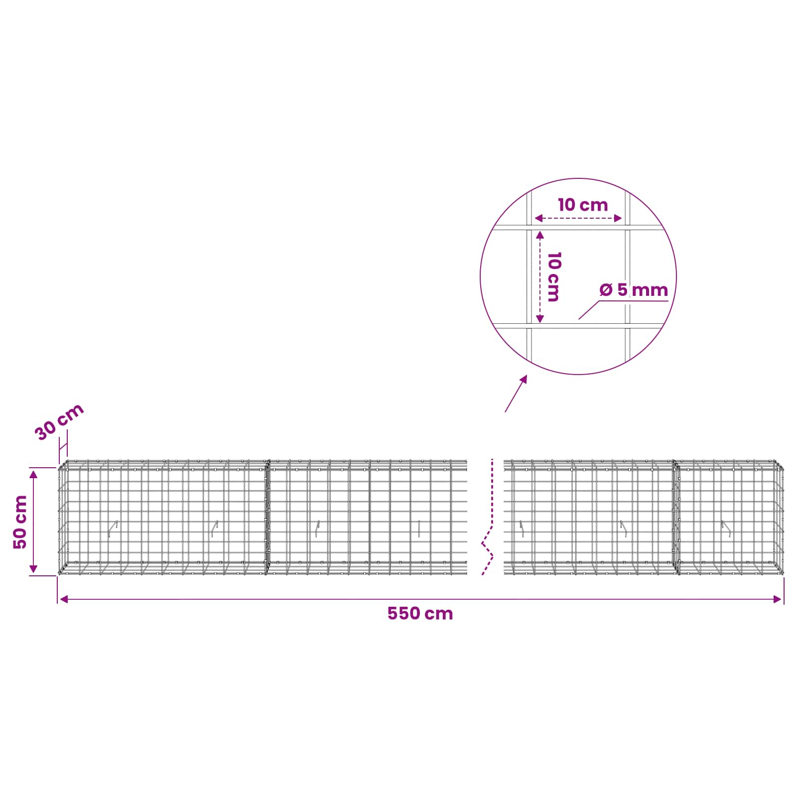Gabion z žico 5 mm in mrežo 10x10 cm 550x30x50 cm