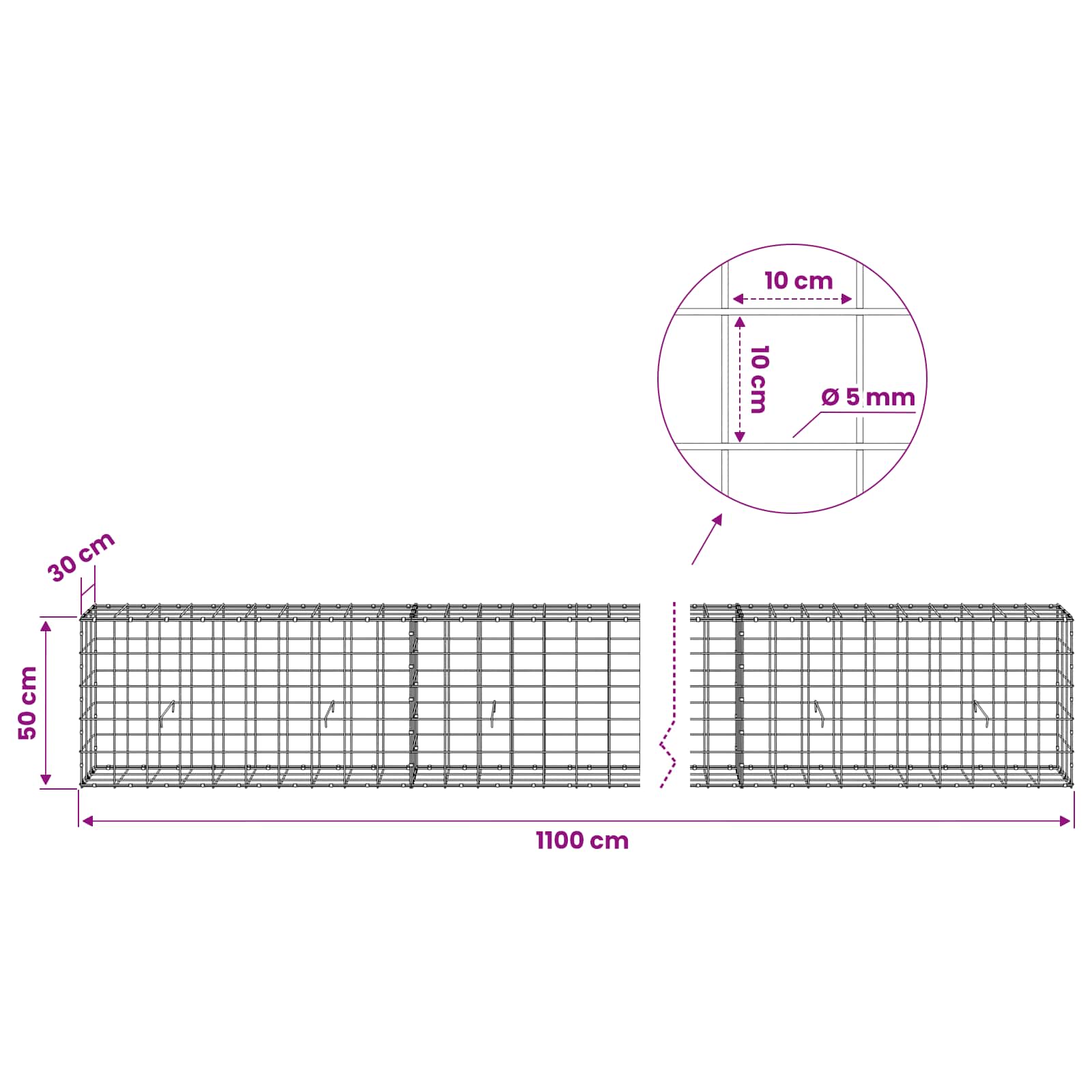 Gabion z žico 5 mm in mrežo 10x10 cm 1100x30x50 cm