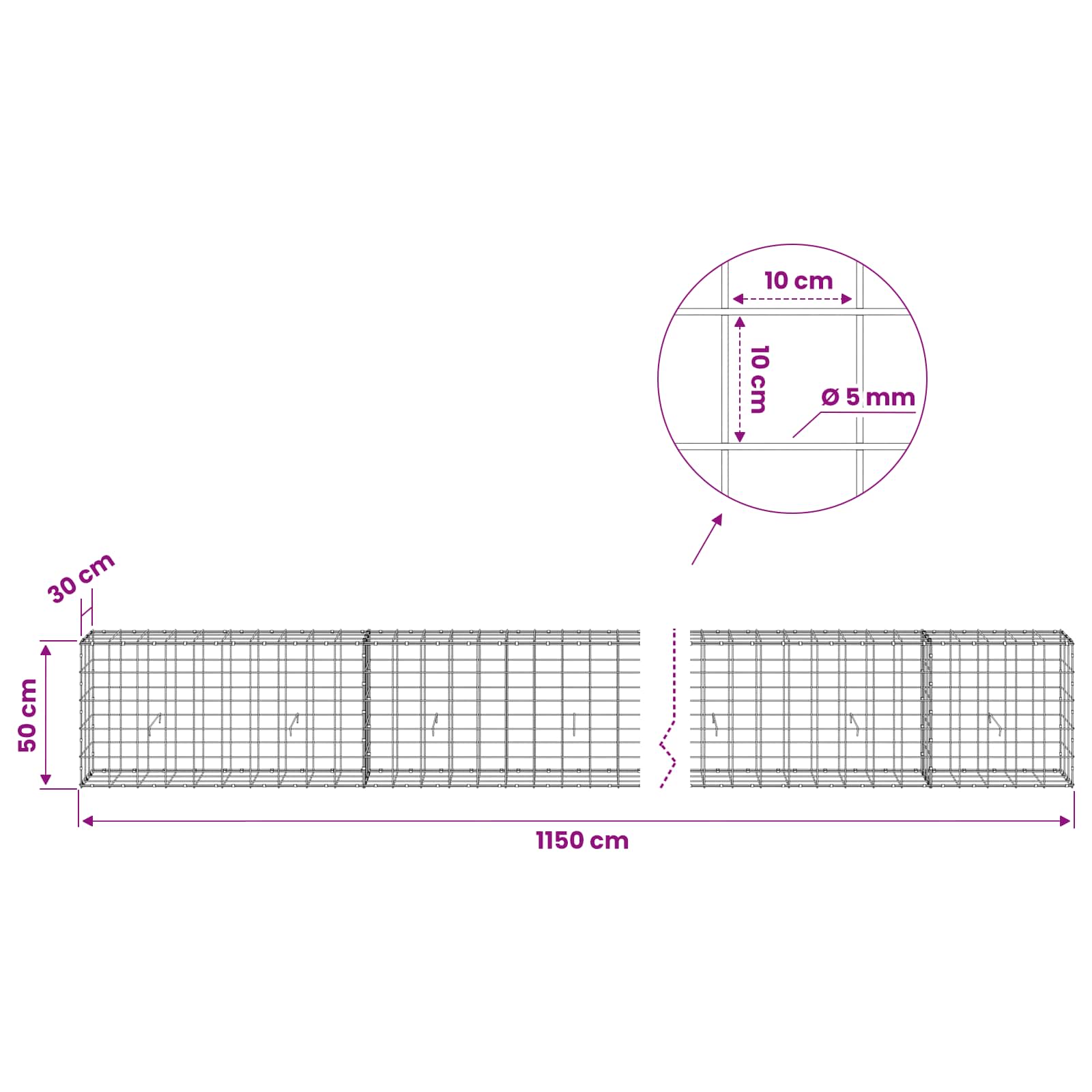 Gabion z žico 5 mm in mrežo 10x10 cm 1150x30x50 cm