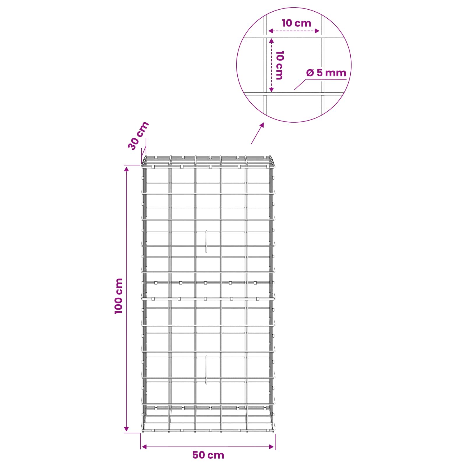Gabion z žico 5 mm in mrežo 10x10 cm 50x30x100 cm