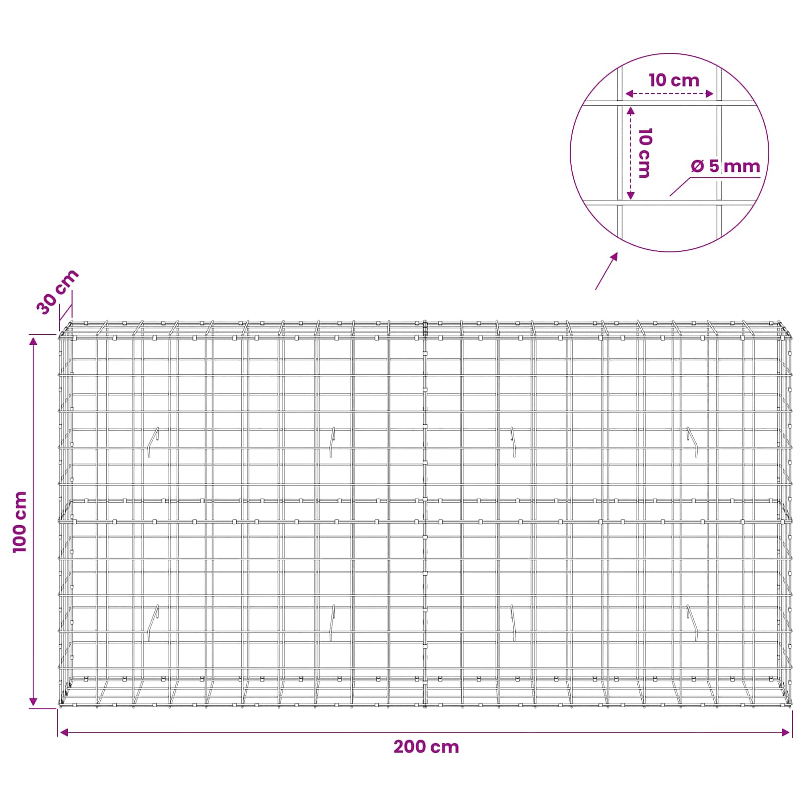 Gabion z žico 5 mm in mrežo 10x10 cm 200x30x100 cm