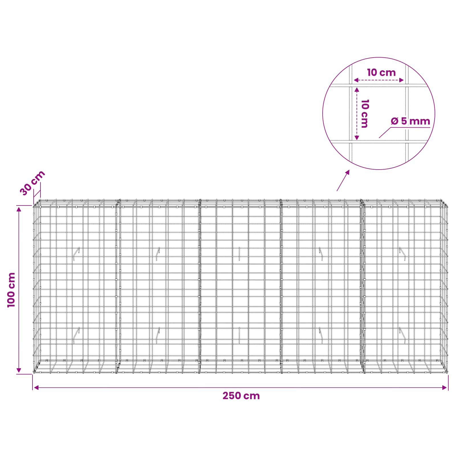 Gabion z žico 5 mm in mrežo 10x10 cm 250x30x100 cm