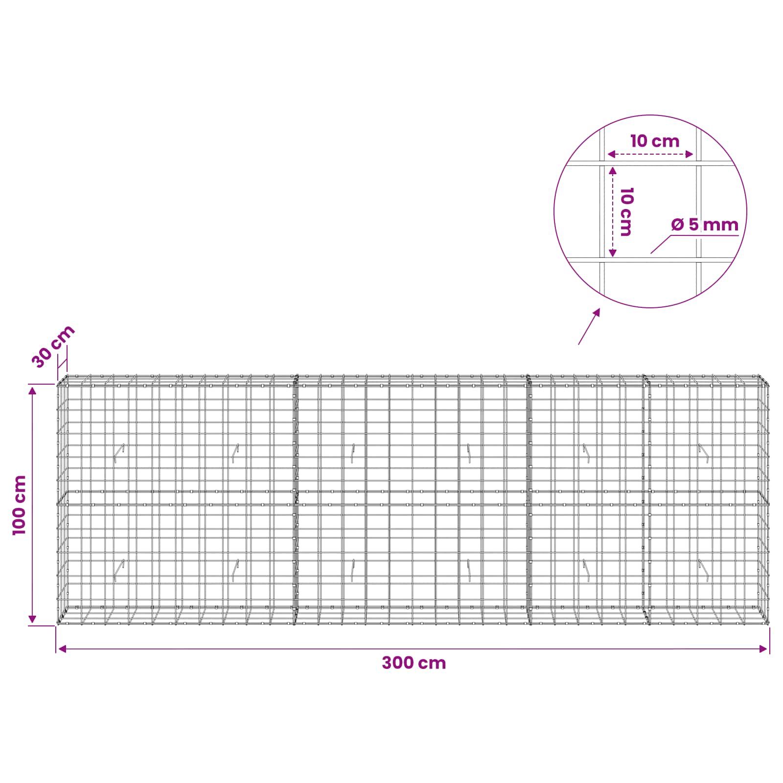 Gabion z žico 5 mm in mrežo 10x10 cm 300x30x100 cm