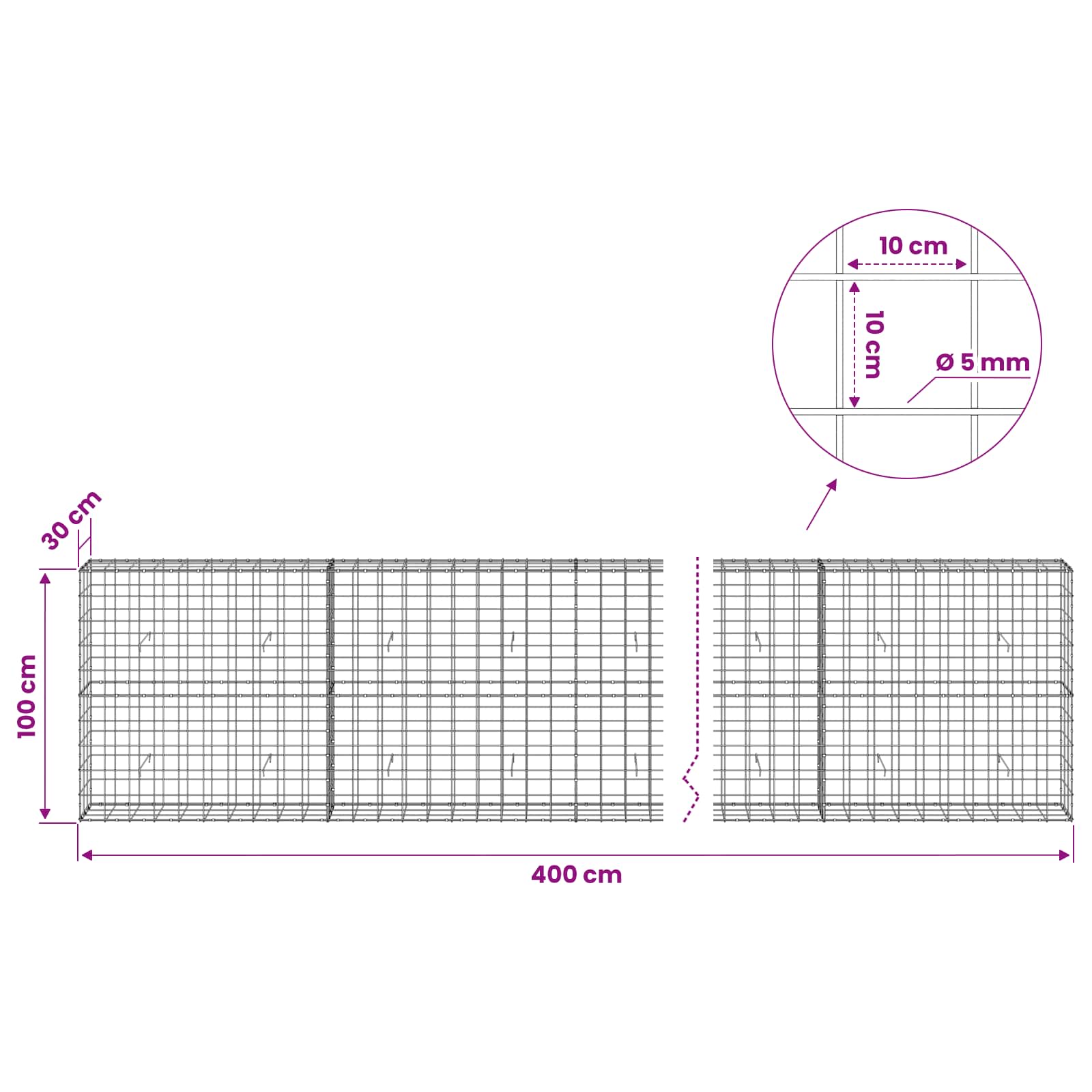 Gabion z žico 5 mm in mrežo 10x10 cm 400x30x100 cm