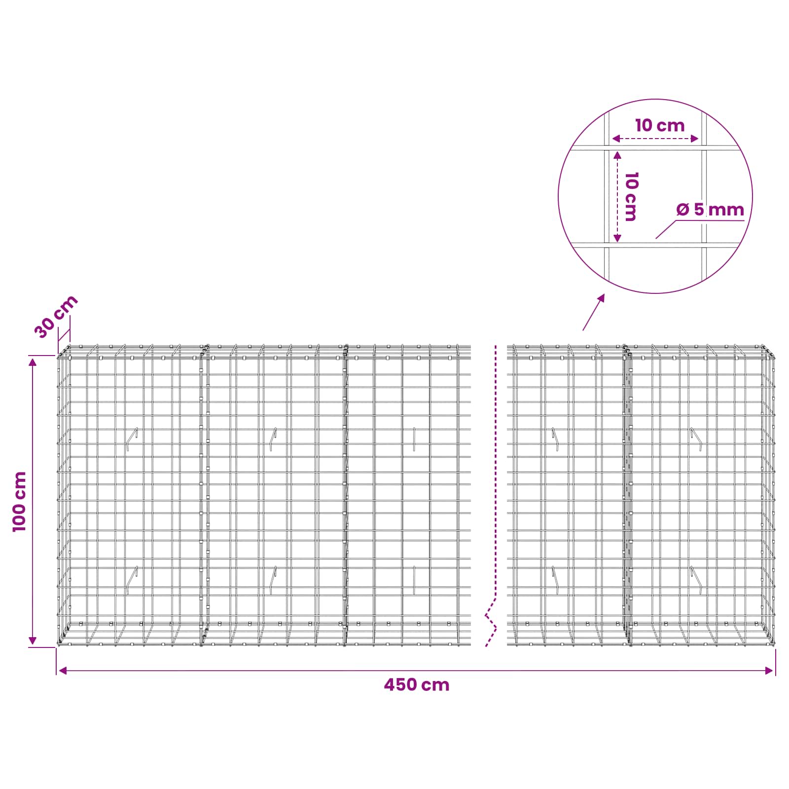 Gabion z žico 5 mm in mrežo 10x10 cm 450x30x100 cm