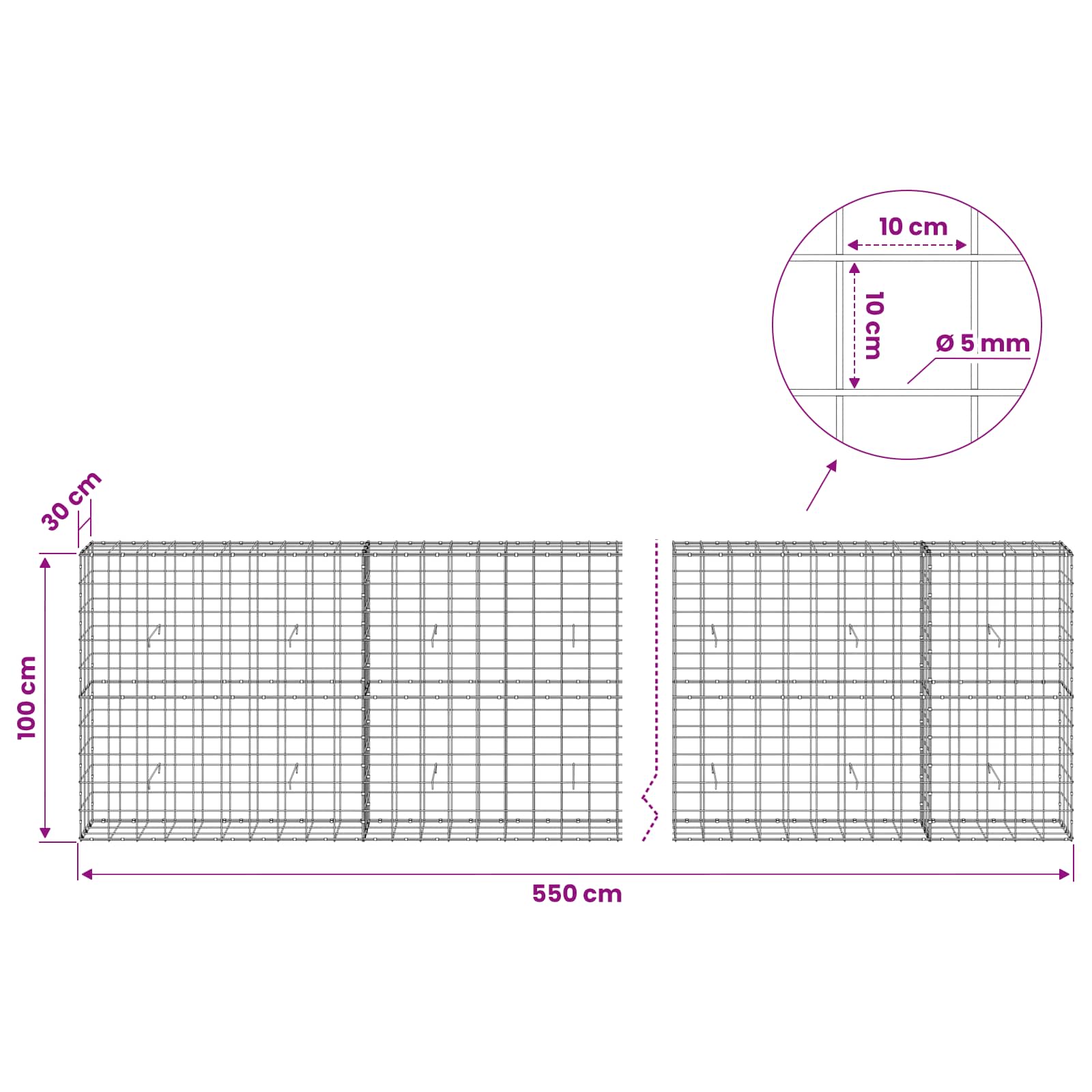 Gabion z žico 5 mm in mrežo 10x10 cm 550x30x100 cm