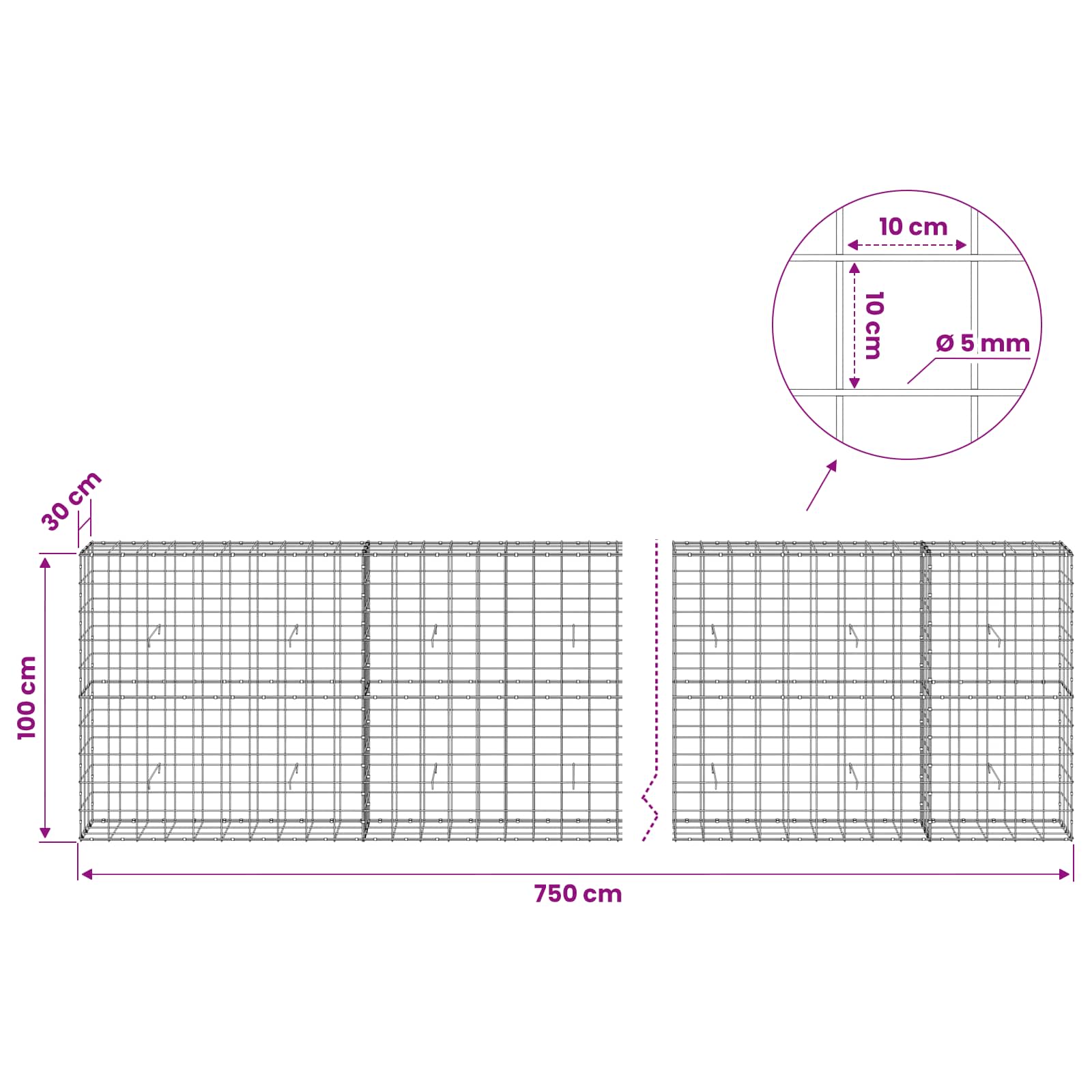 Gabion z žico 5 mm in mrežo 10x10 cm 750x30x100 cm