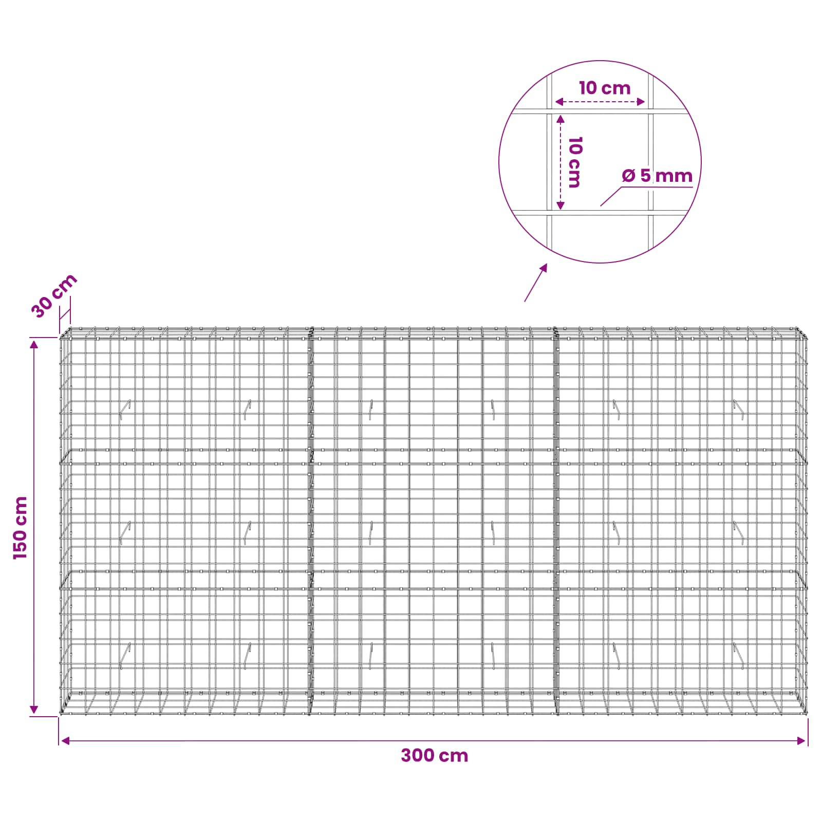 Gabion z žico 5 mm in mrežo 10x10 cm 300x30x150 cm