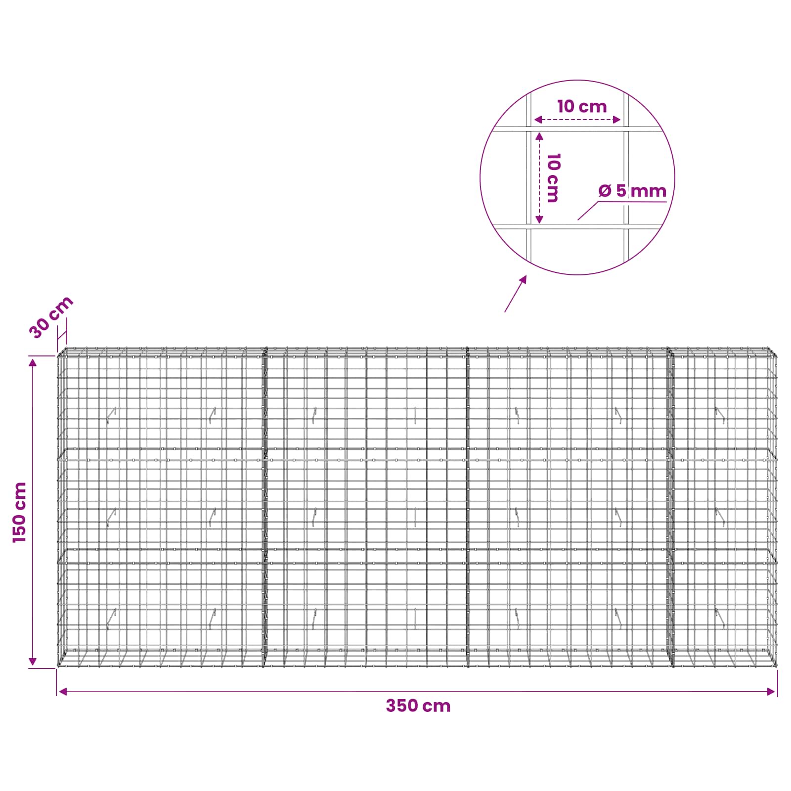 vidaXL Gabione mit 5 mm Draht und 10x10 cm Maschen 350x30x150 cm – Bild 6