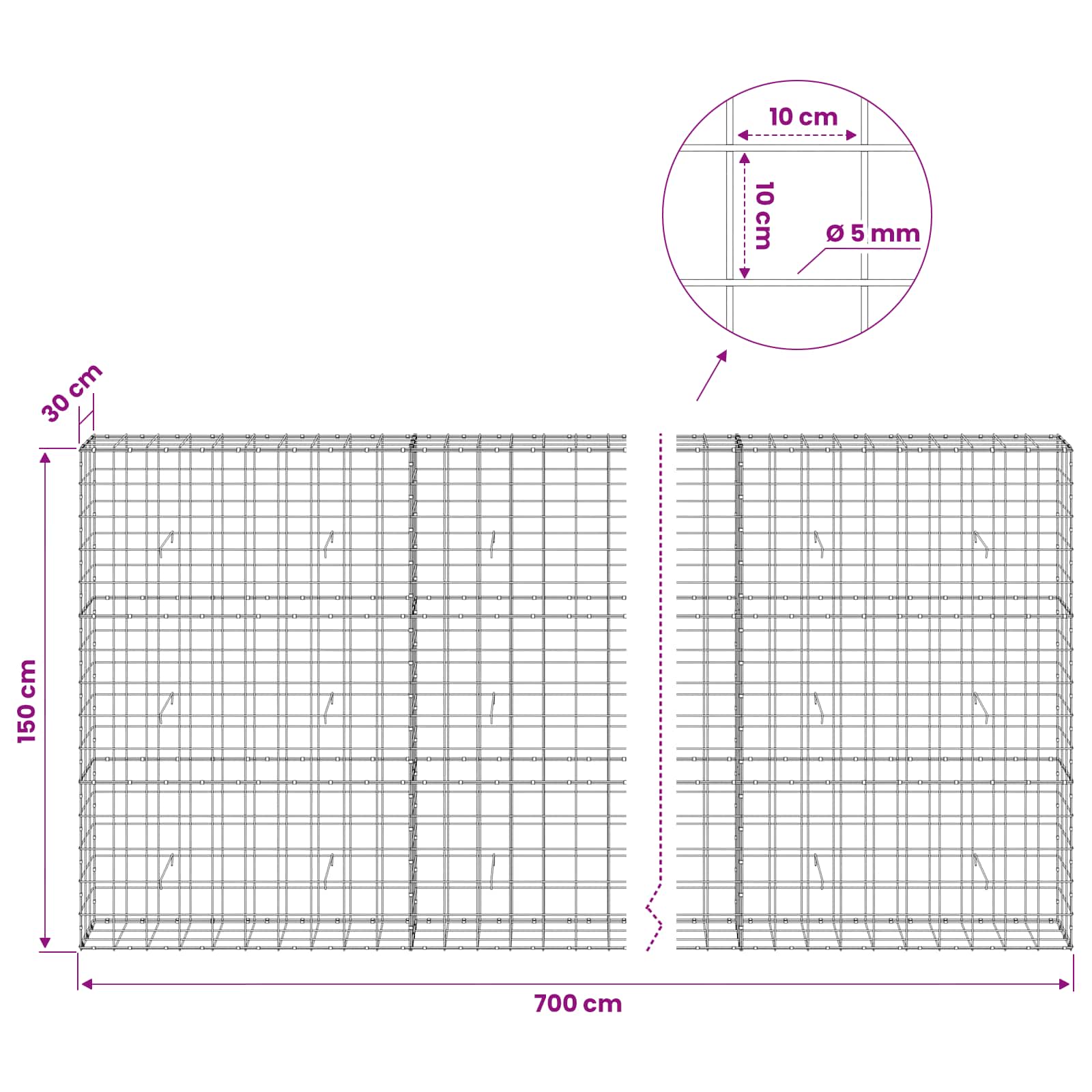 Gabion z žico 5 mm in mrežo 10x10 cm 700x30x150 cm
