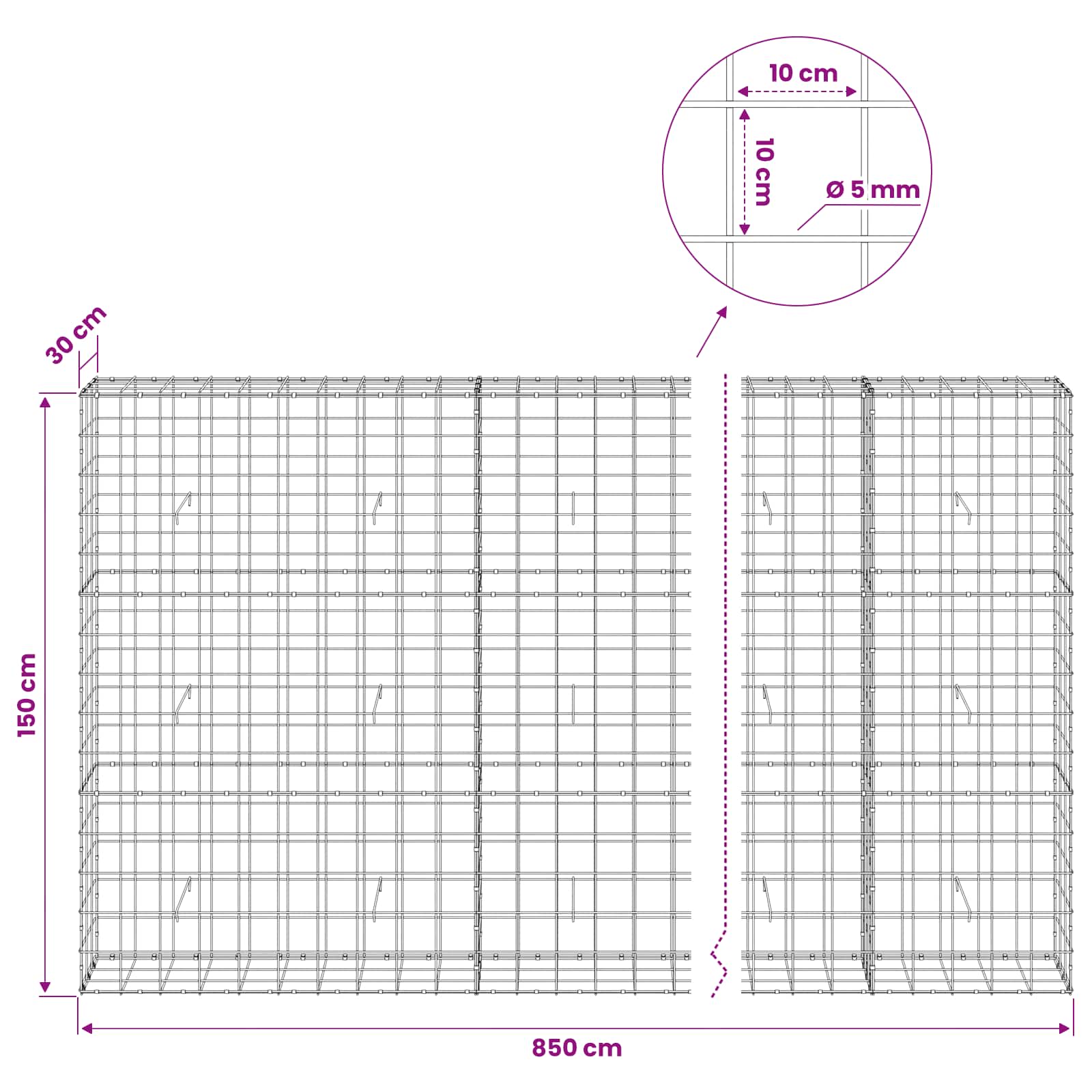 Gabion z žico 5 mm in mrežo 10x10 cm 850x30x150 cm