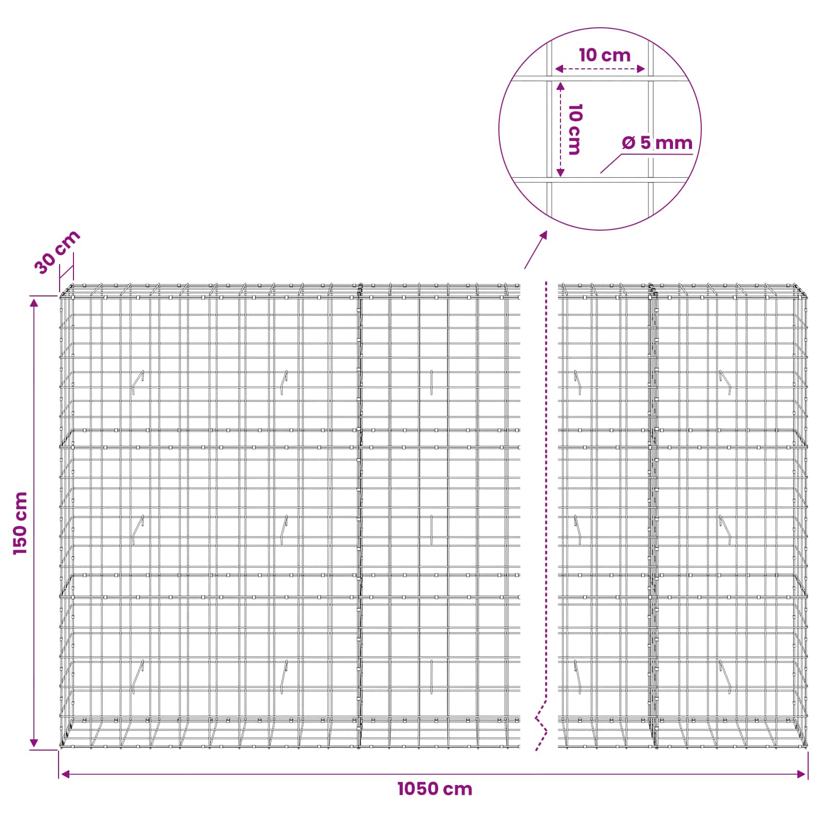 Gabion z žico 5 mm in mrežo 10x10 cm 1050x30x150 cm