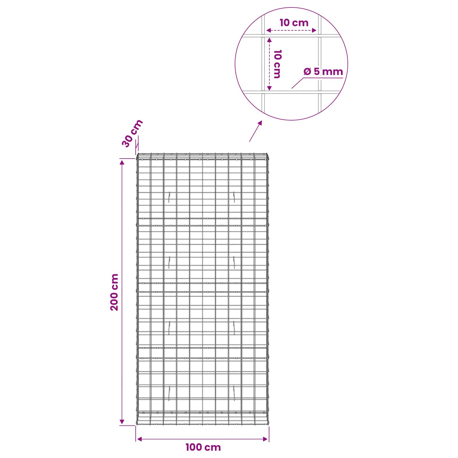 Gabion z žico 5 mm in mrežo 10x10 cm 100x30x200 cm