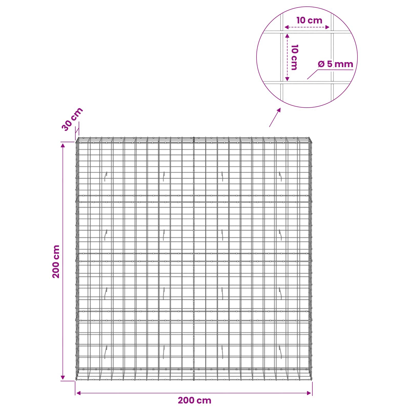 Gabion z žico 5 mm in mrežo 10x10 cm 200x30x200 cm