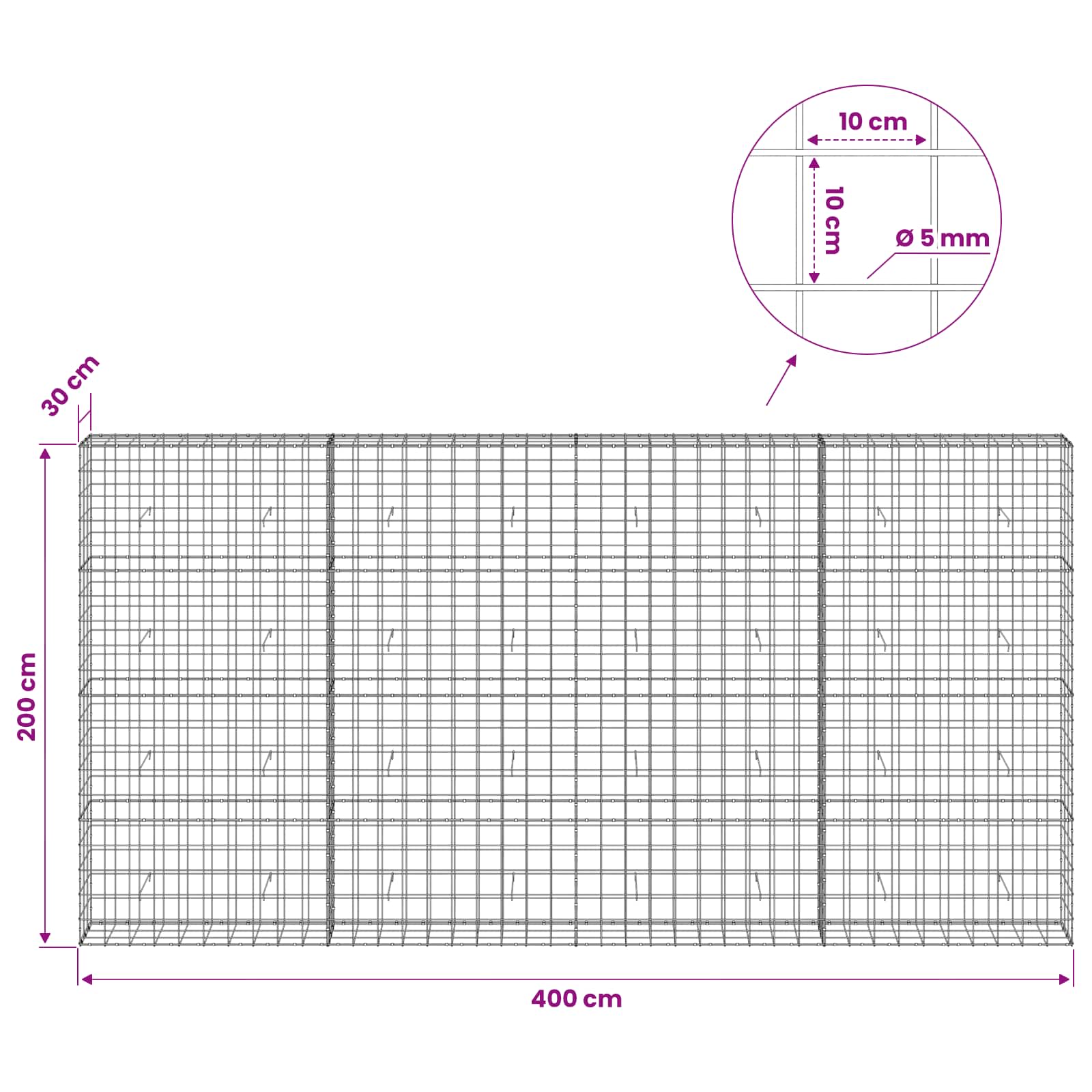 Gabion z žico 5 mm in mrežo 10x10 cm 400x30x200 cm