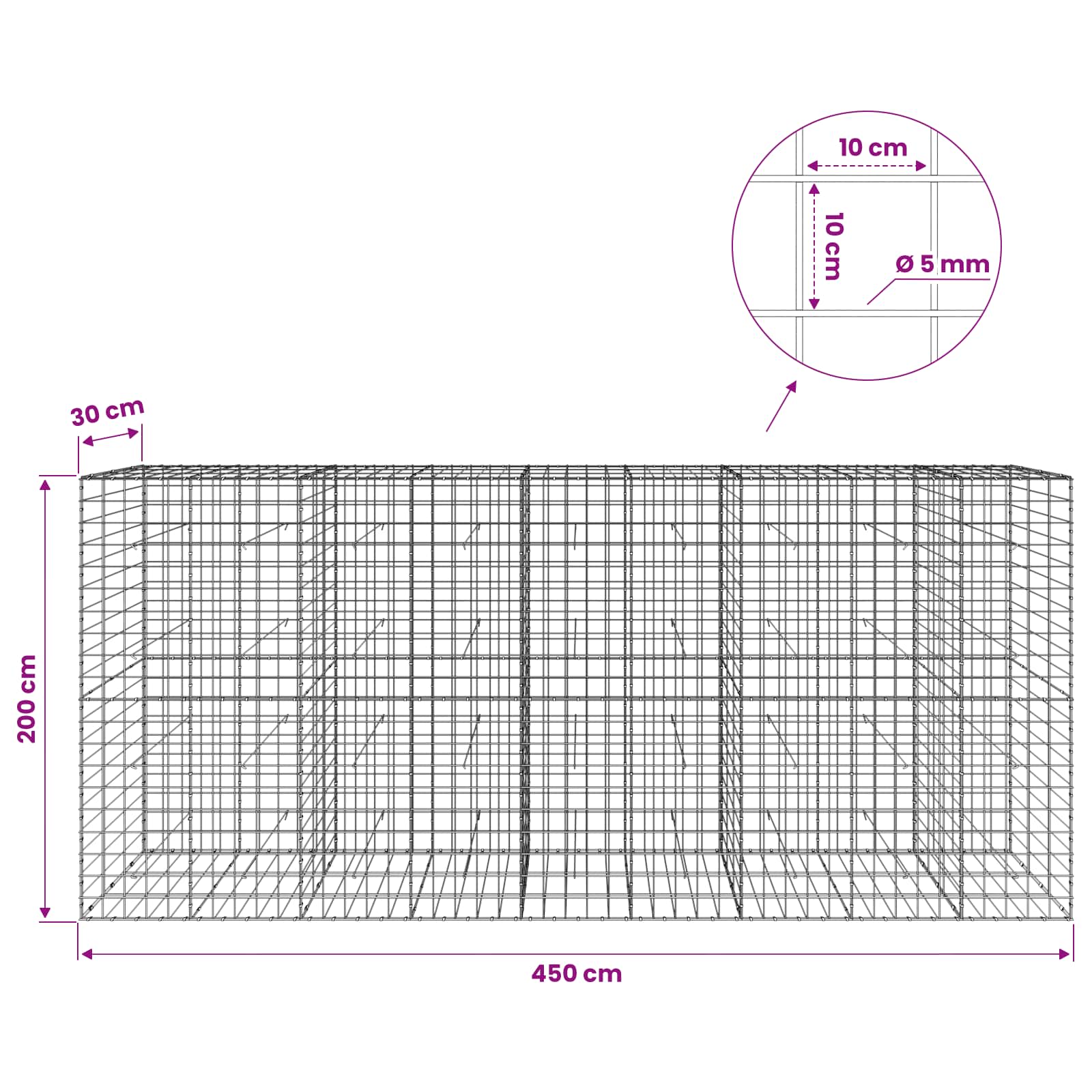 Gabion z žico 5 mm in mrežo 10x10 cm 450x30x200 cm