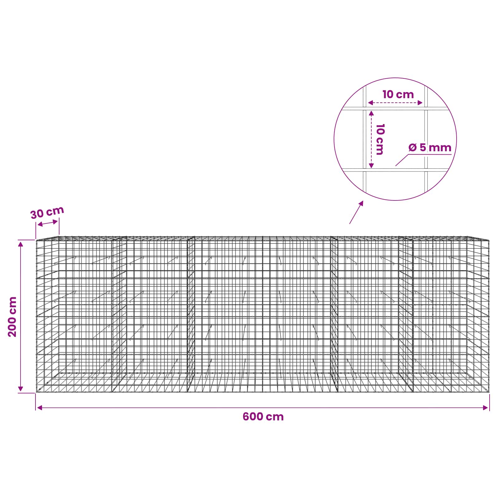 Gabion z žico 5 mm in mrežo 10x10 cm 600x30x200 cm