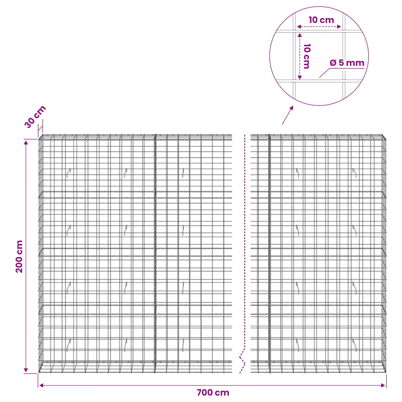 Gabion z žico 5 mm in mrežo 10x10 cm 700x30x200 cm