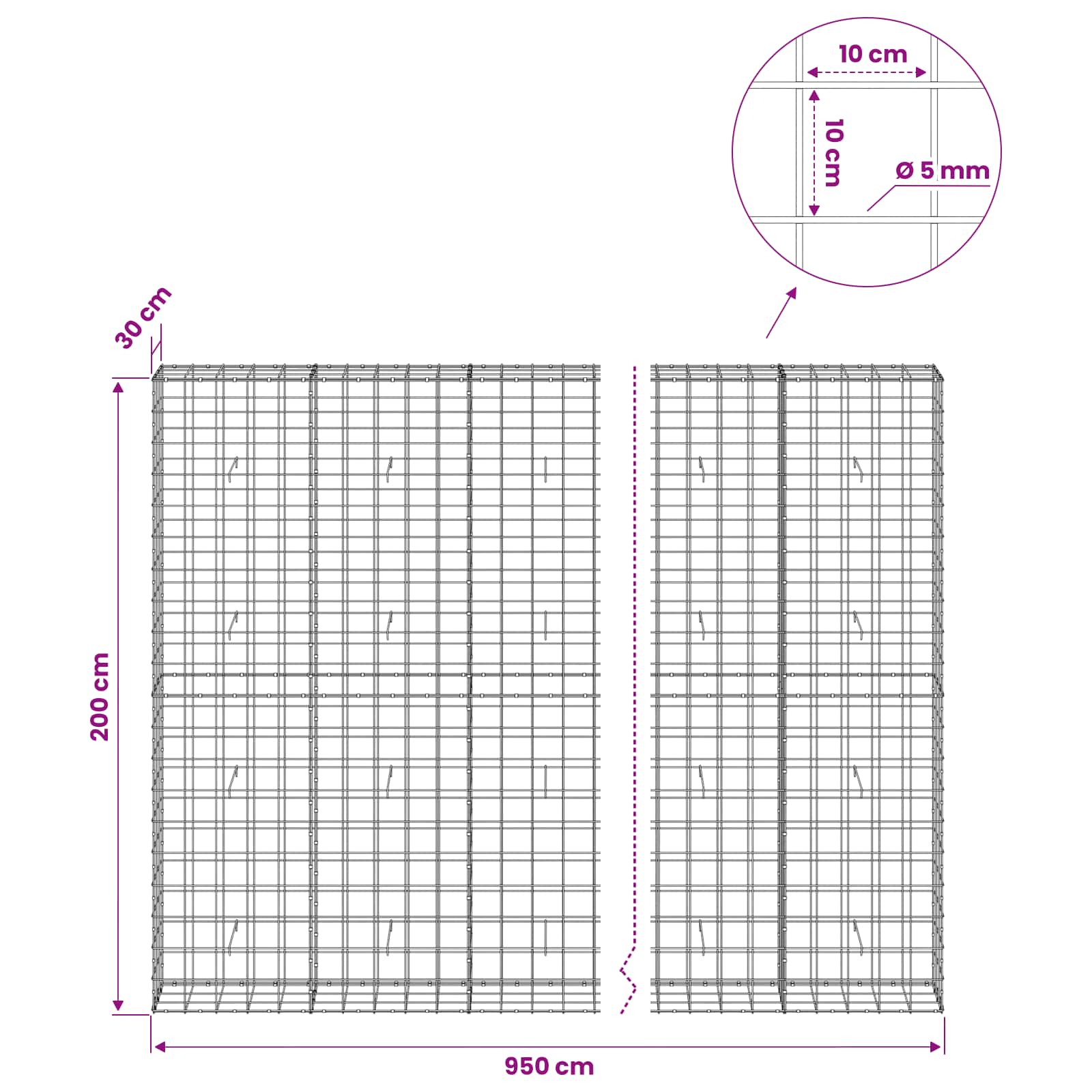 Gabion z žico 5 mm in mrežo 10x10 cm 950x30x200 cm