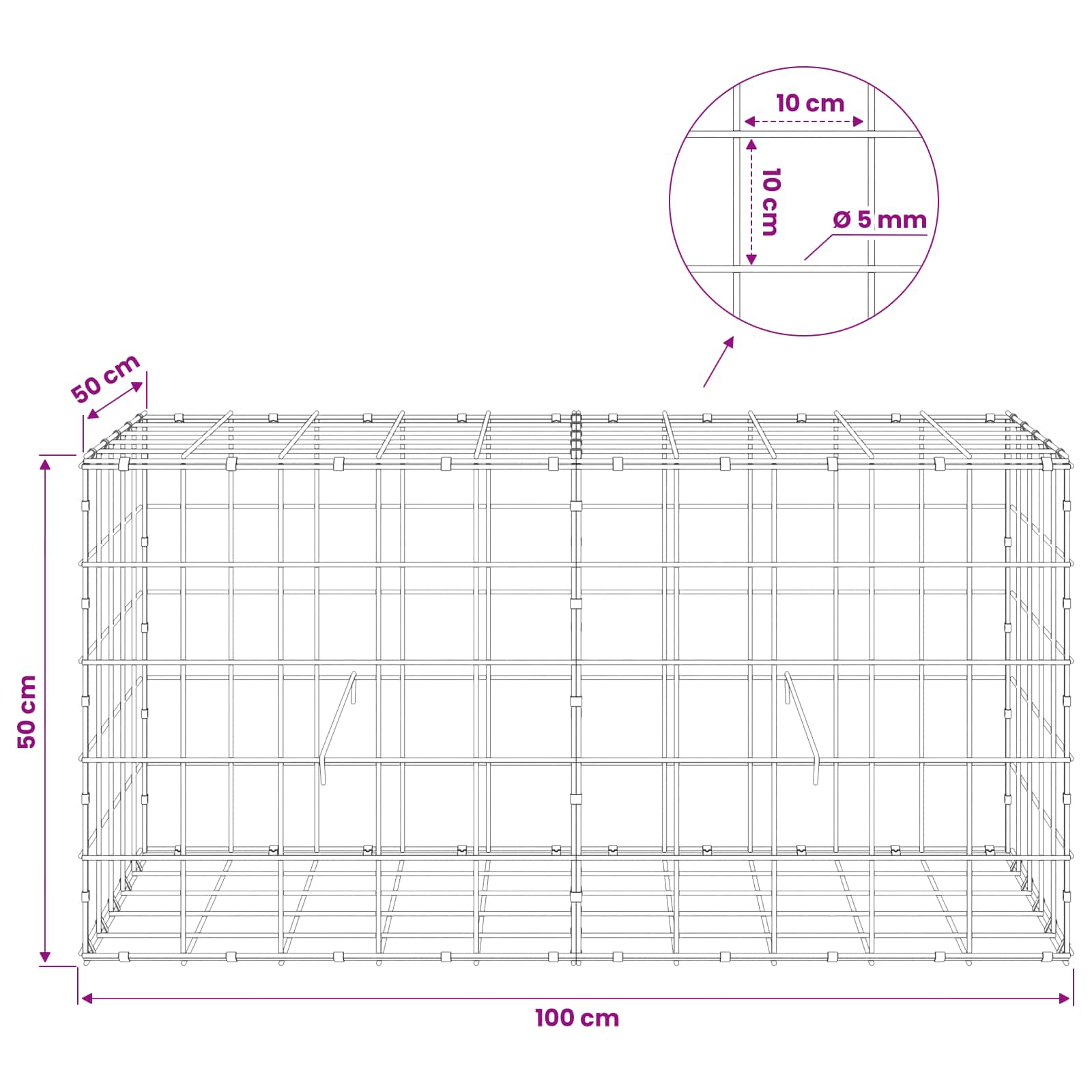 Gabion z žico 5 mm in mrežo 10x10 cm 100x50x50 cm