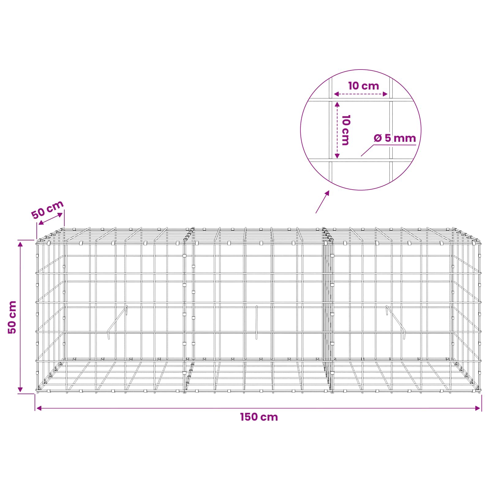 Gabion z žico 5 mm in mrežo 10x10 cm 150x50x50 cm