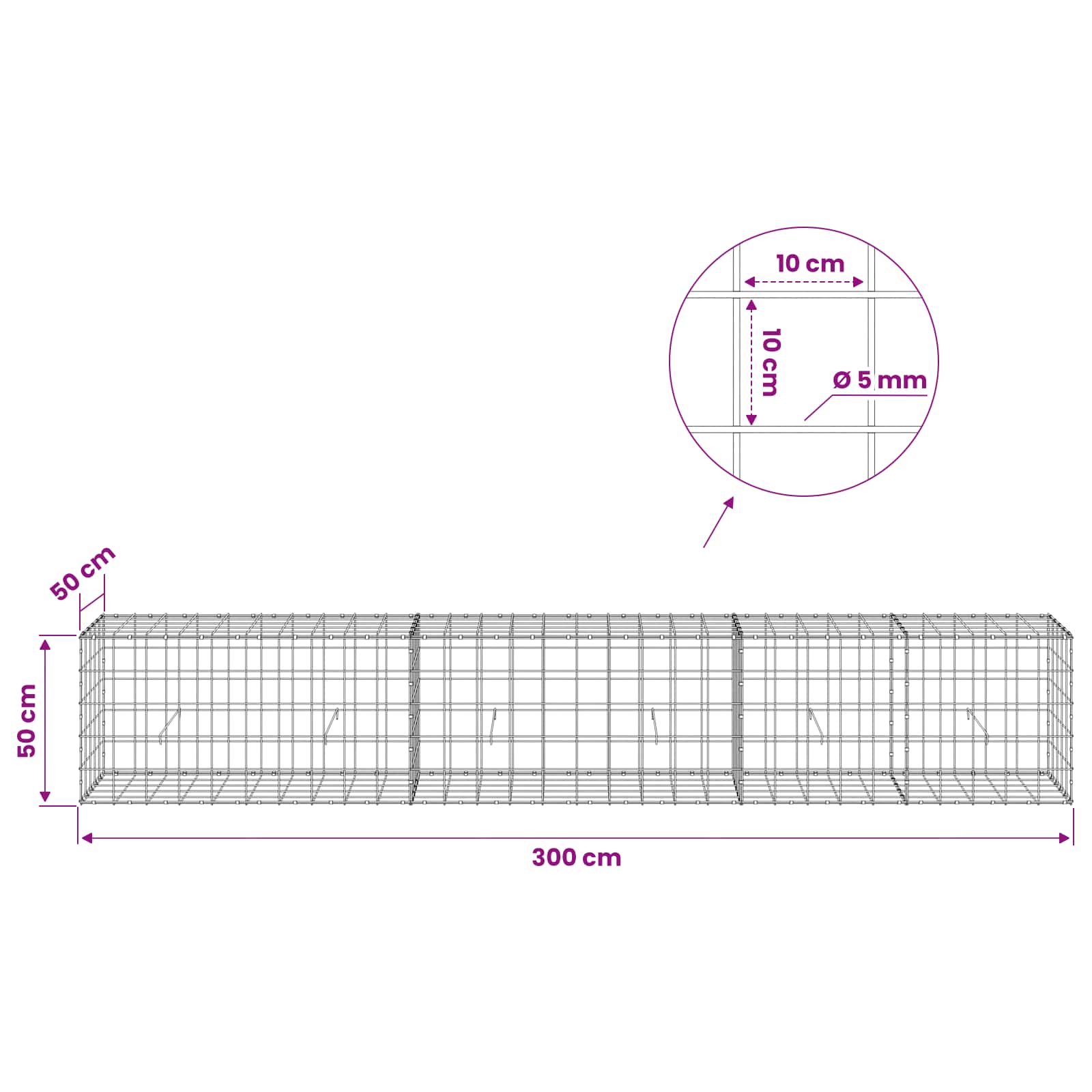 Gabion z žico 5 mm in mrežo 10x10 cm 300x50x50 cm