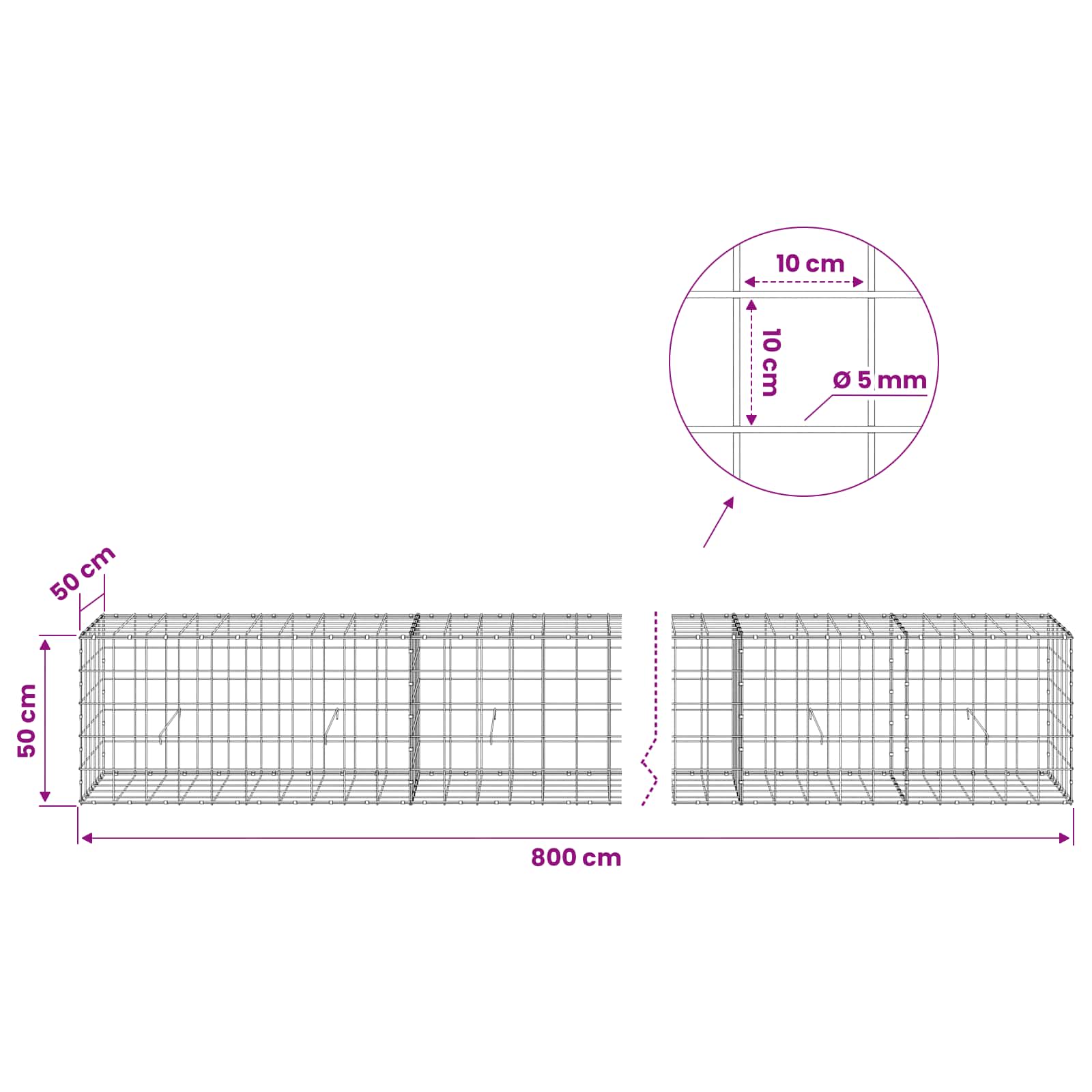 Gabion z žico 5 mm in mrežo 10x10 cm 800x50x50 cm