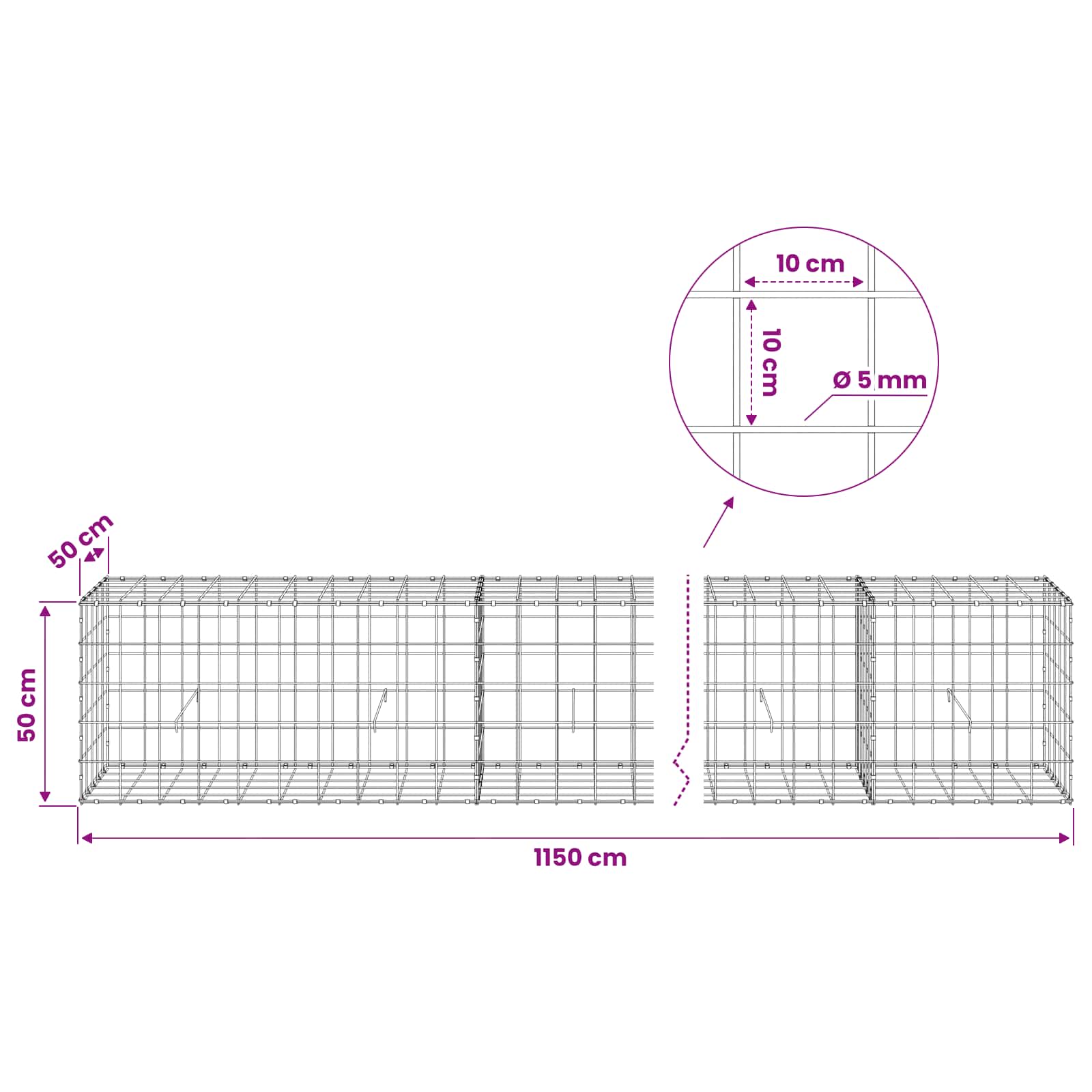 Gabion z žico 5 mm in mrežo 10x10 cm 1150x50x50 cm