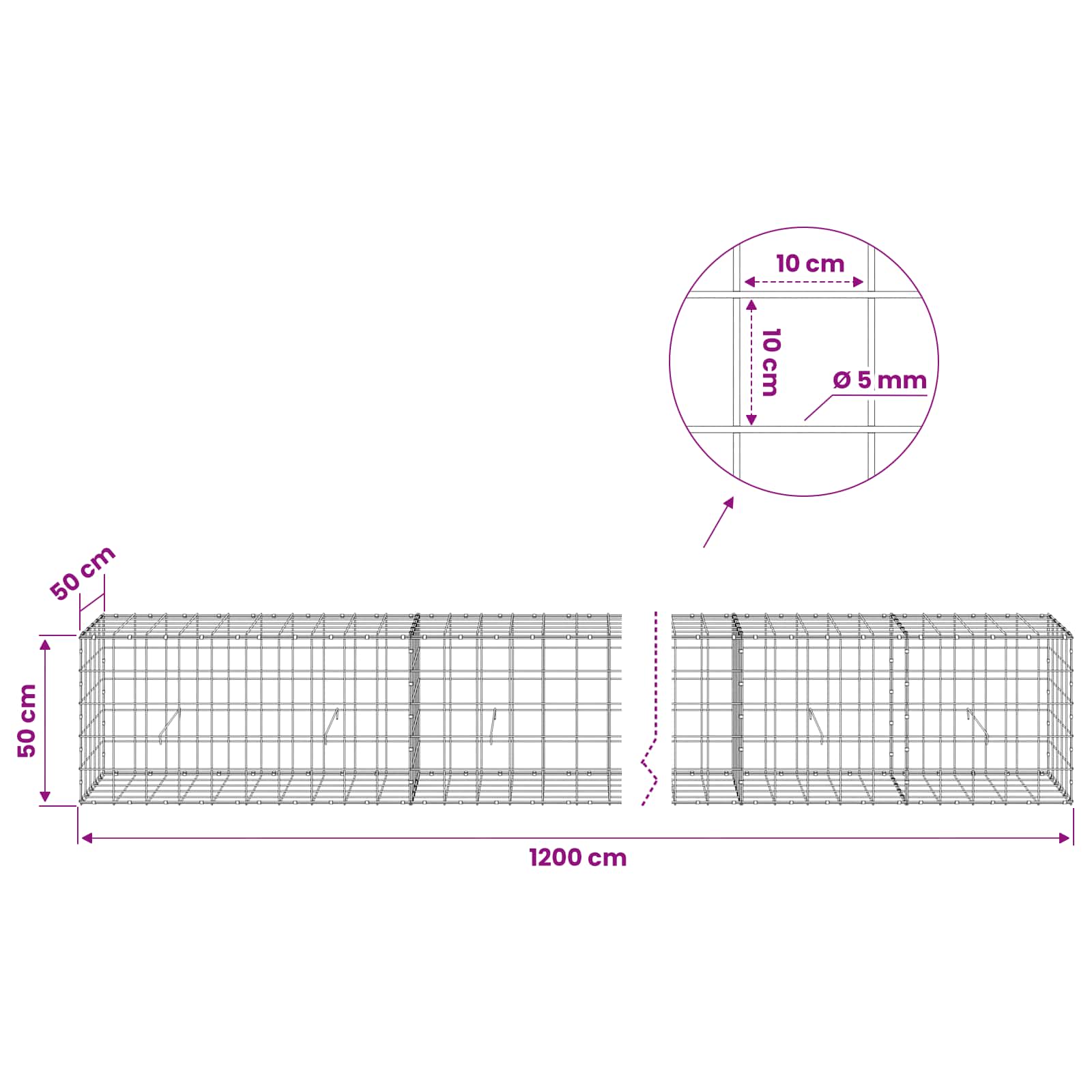 Gabion z žico 5 mm in mrežo 10x10 cm 1200x50x50 cm