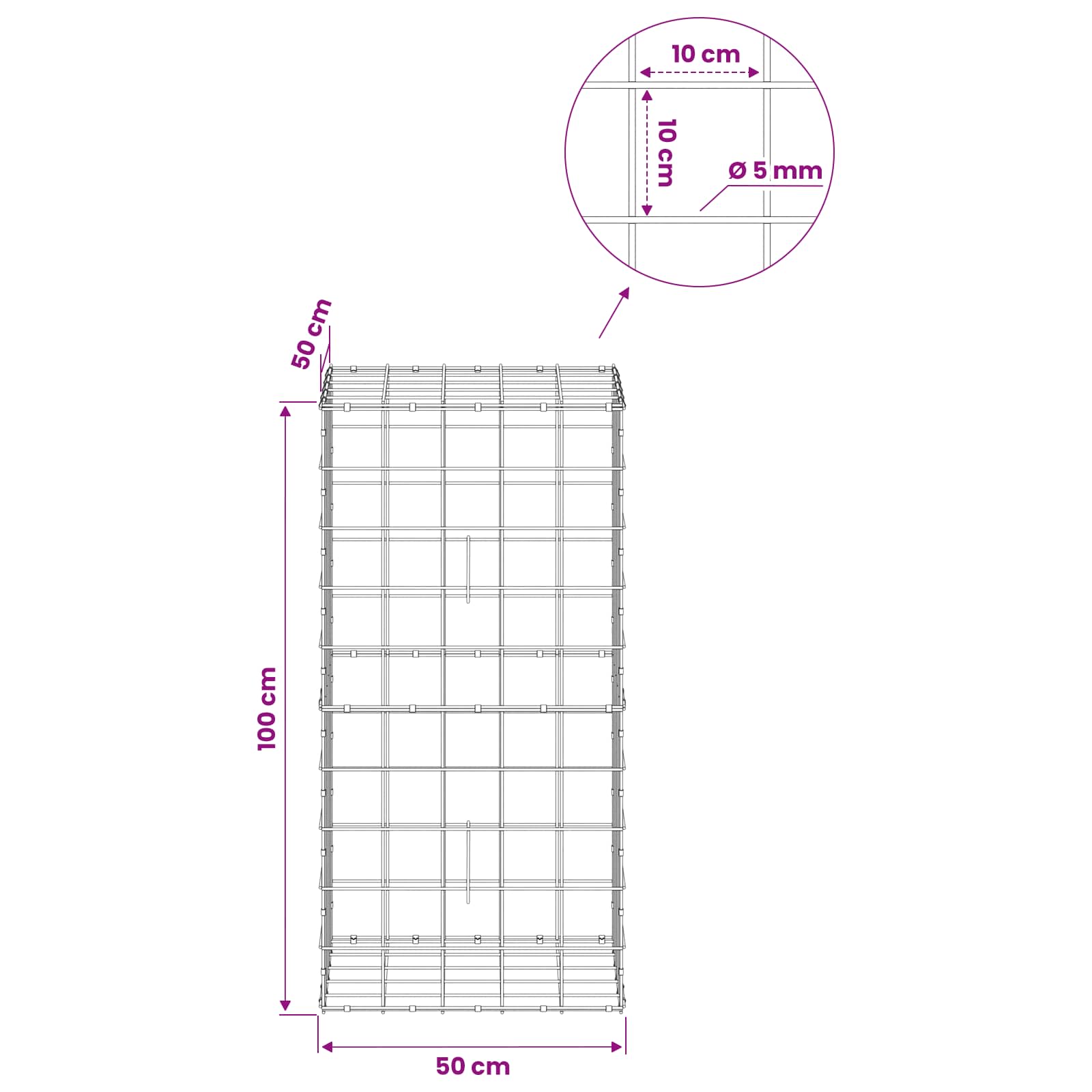 Gabion z žico 5 mm in mrežo 10x10 cm 50x50x100 cm