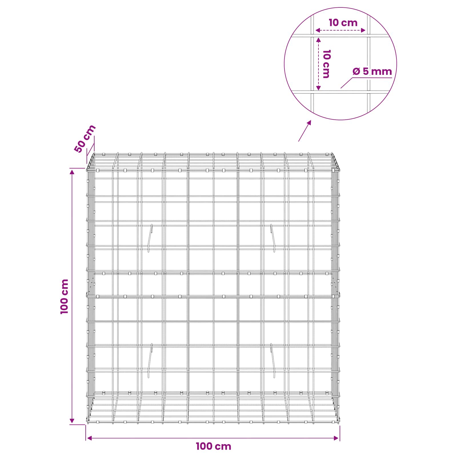 Gabion z žico 5 mm in mrežo 10x10 cm 100x50x100 cm