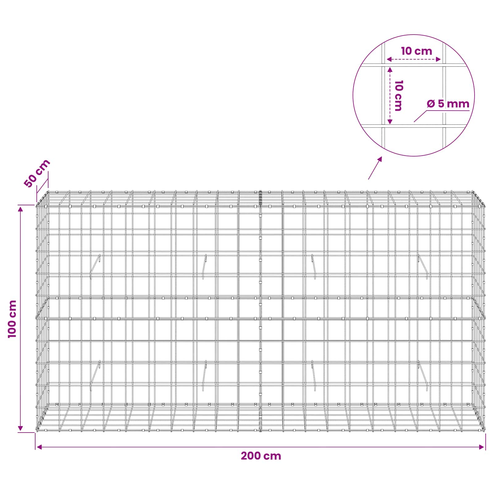 Gabion z žico 5 mm in mrežo 10x10 cm 200x50x100 cm