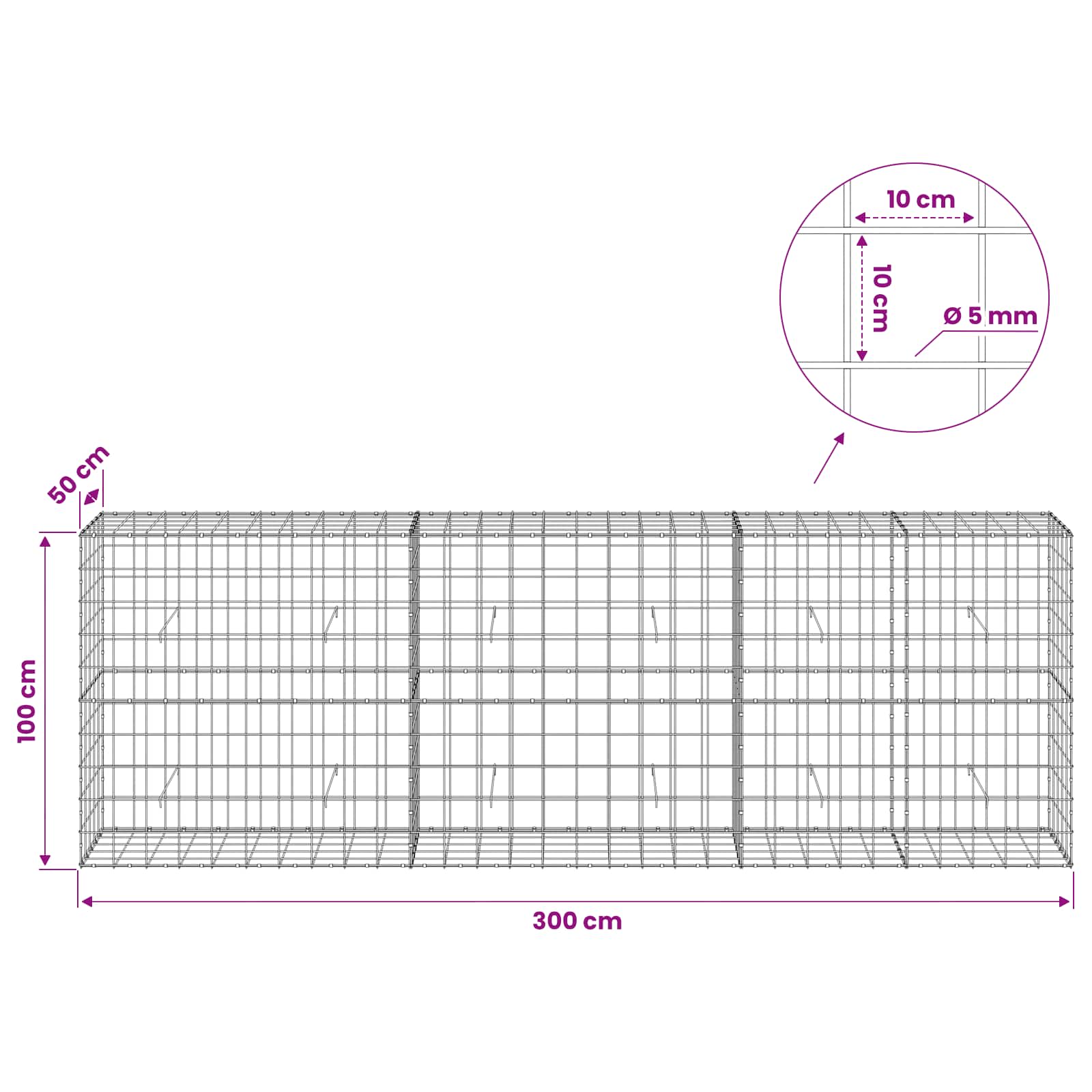 Gabion z žico 5 mm in mrežo 10x10 cm 300x50x100 cm