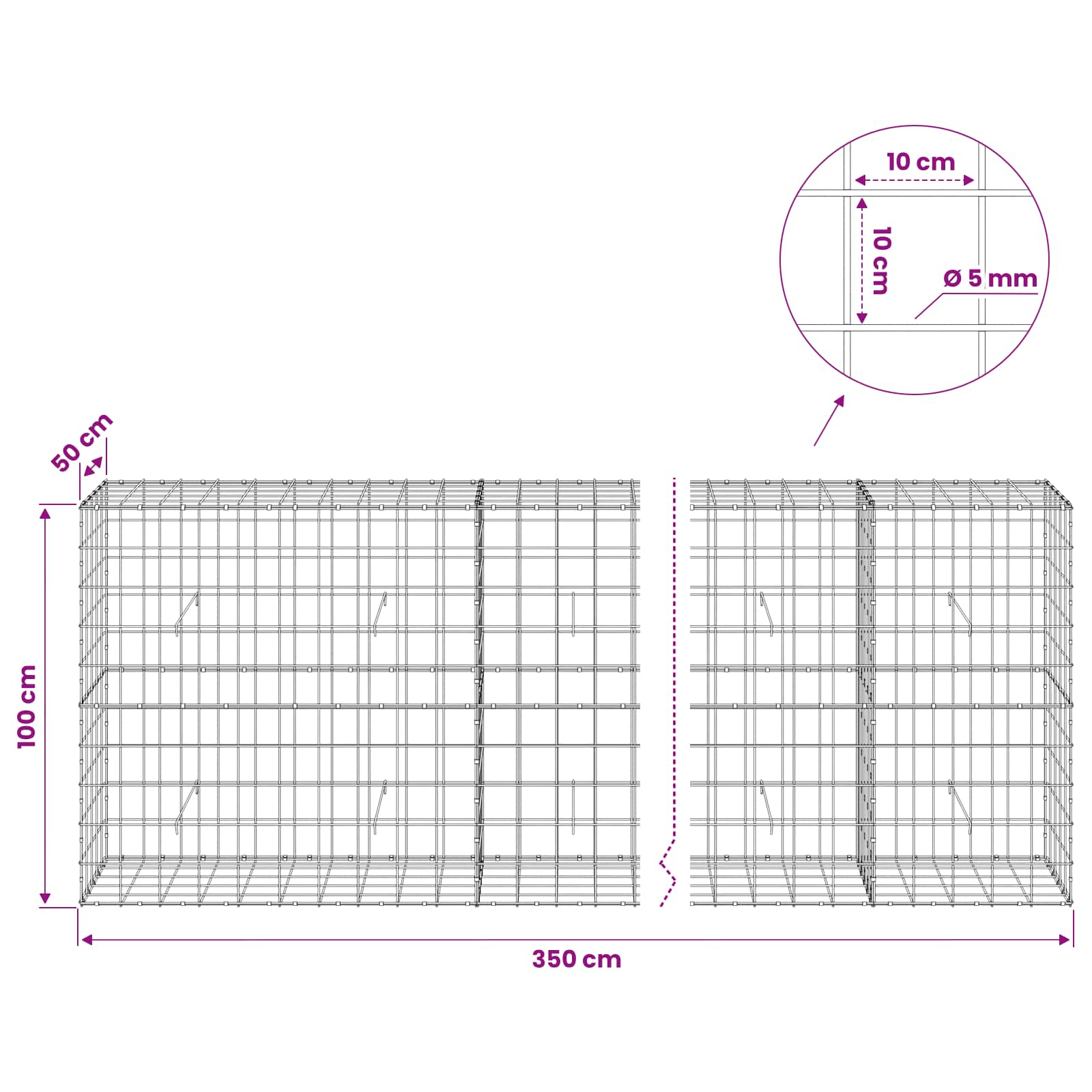 Gabion z žico 5 mm in mrežo 10x10 cm 350x50x100 cm