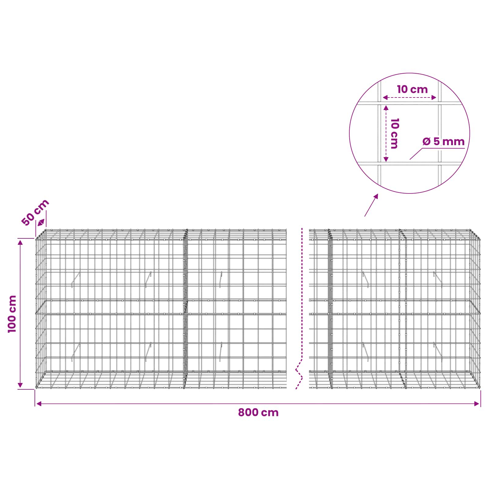 Gabion z žico 5 mm in mrežo 10x10 cm 800x50x100 cm