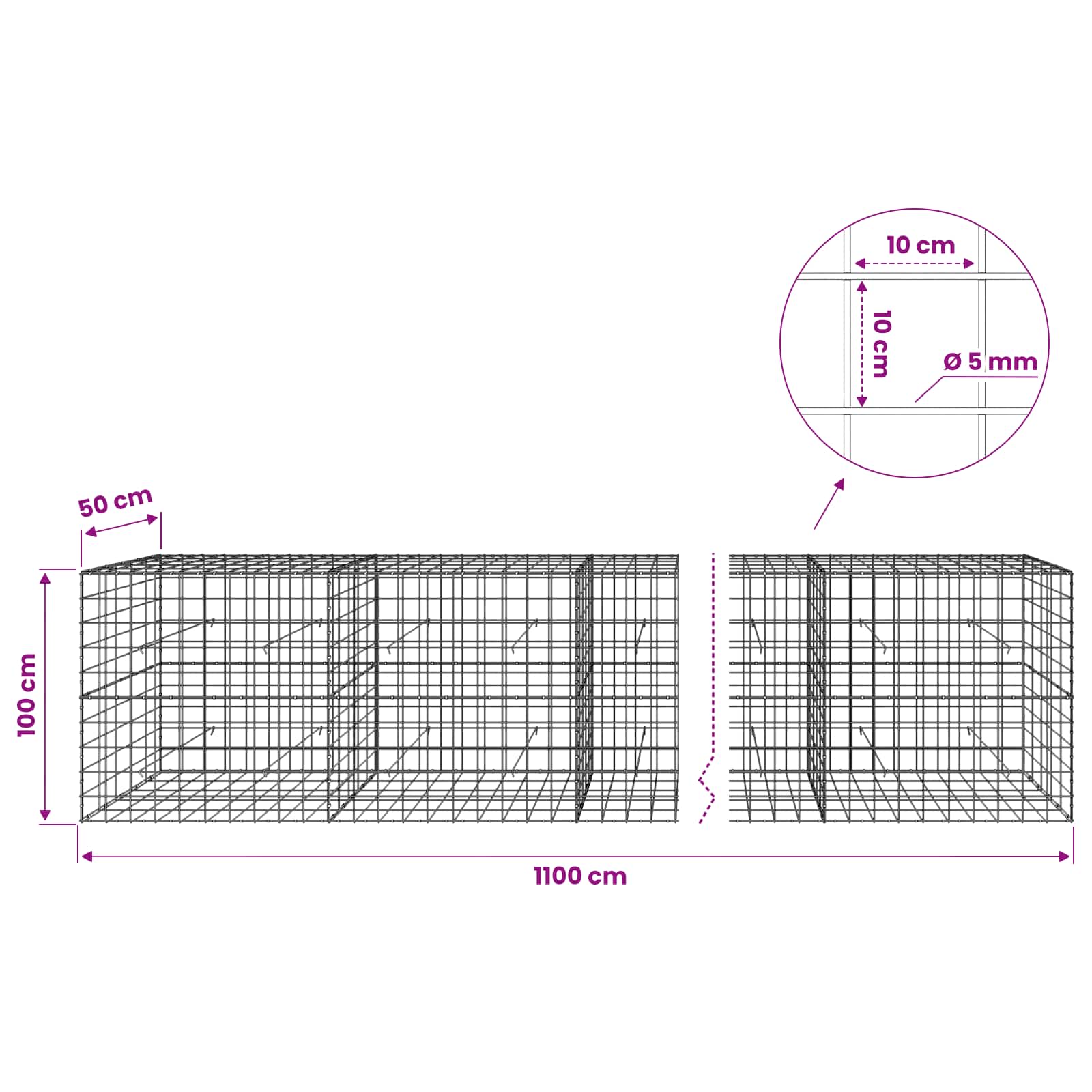 Gabion z žico 5 mm in mrežo 10x10 cm 1100x50x100 cm