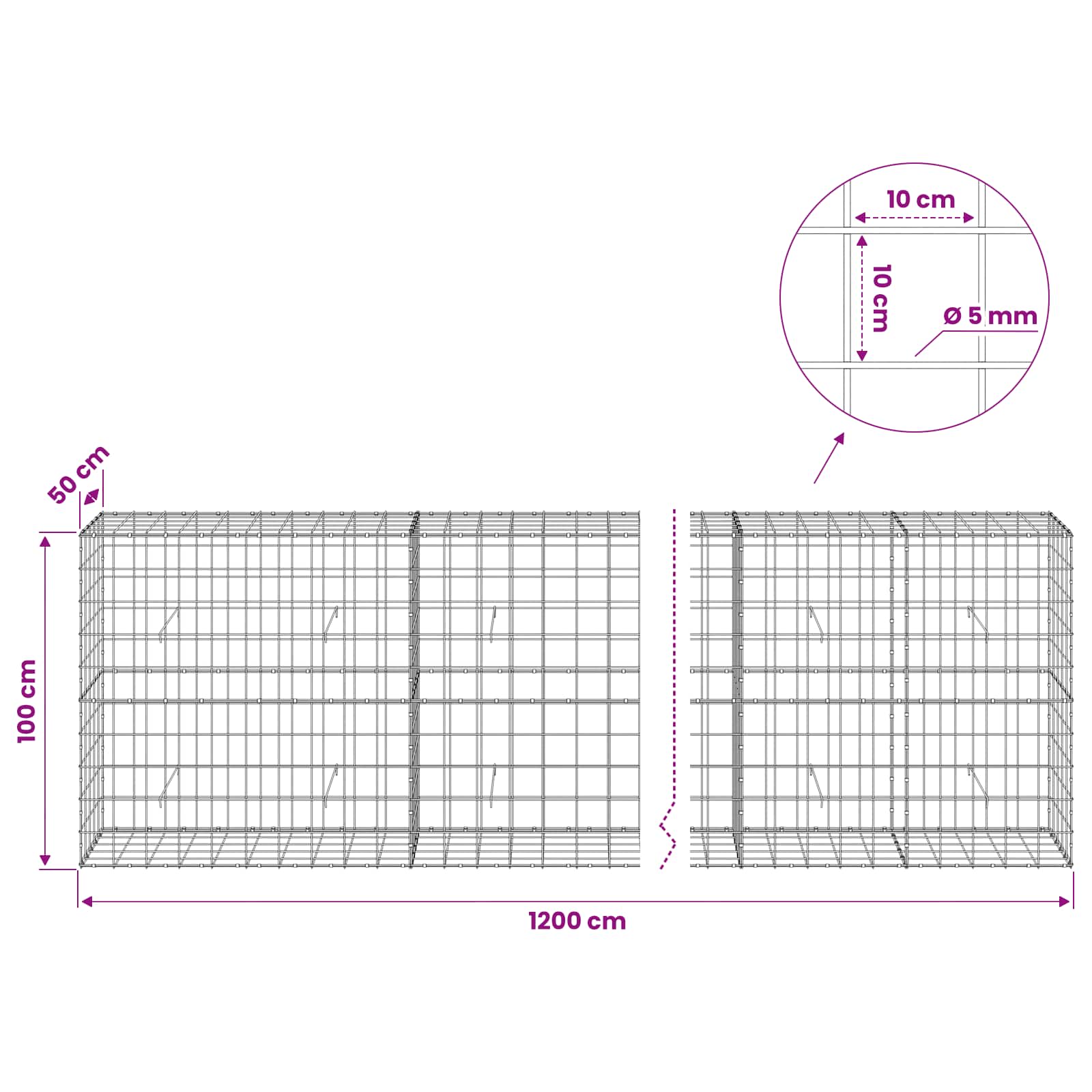Gabion z žico 5 mm in mrežo 10x10 cm 1200x50x100 cm