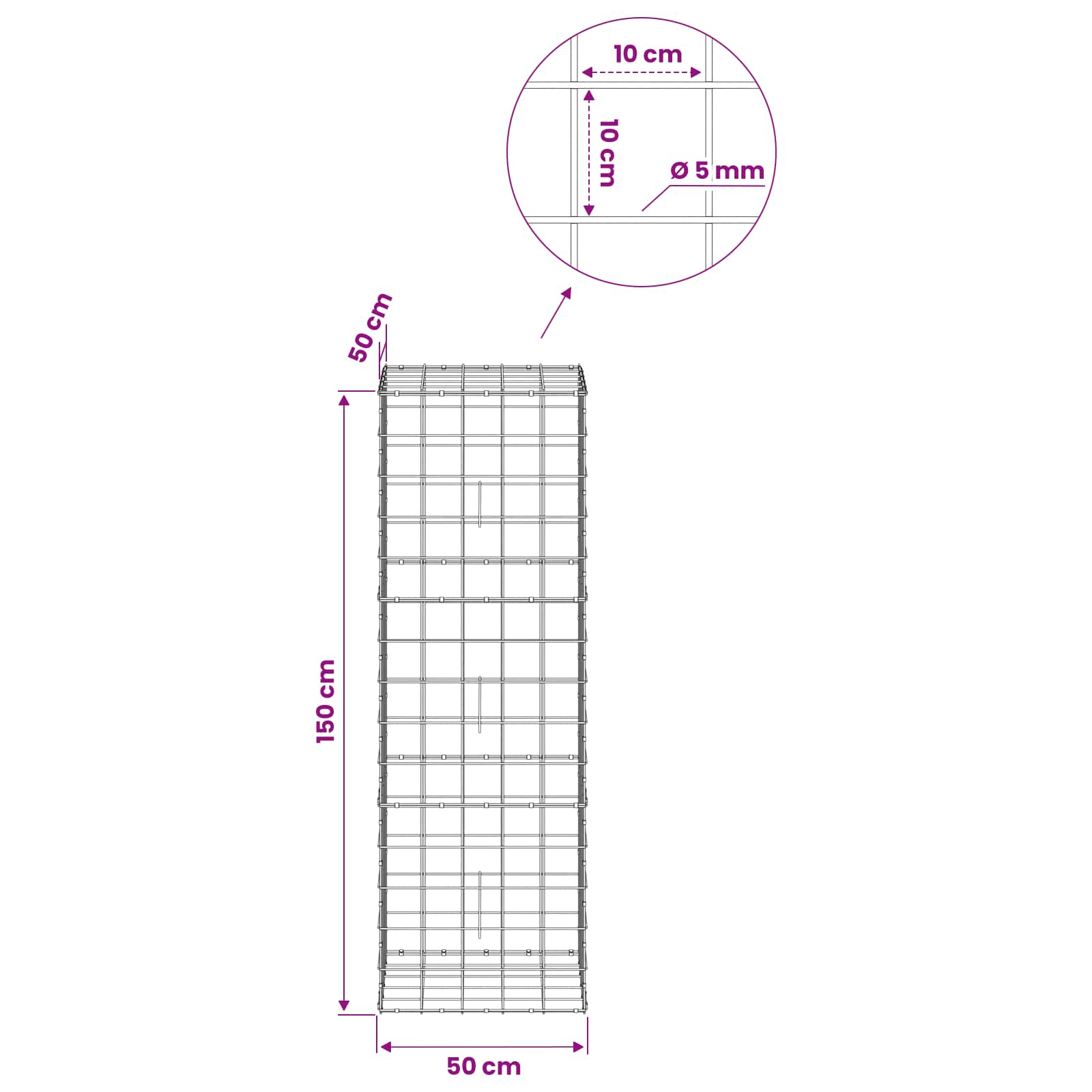 Gabion z žico 5 mm in mrežo 10x10 cm 50x50x150 cm